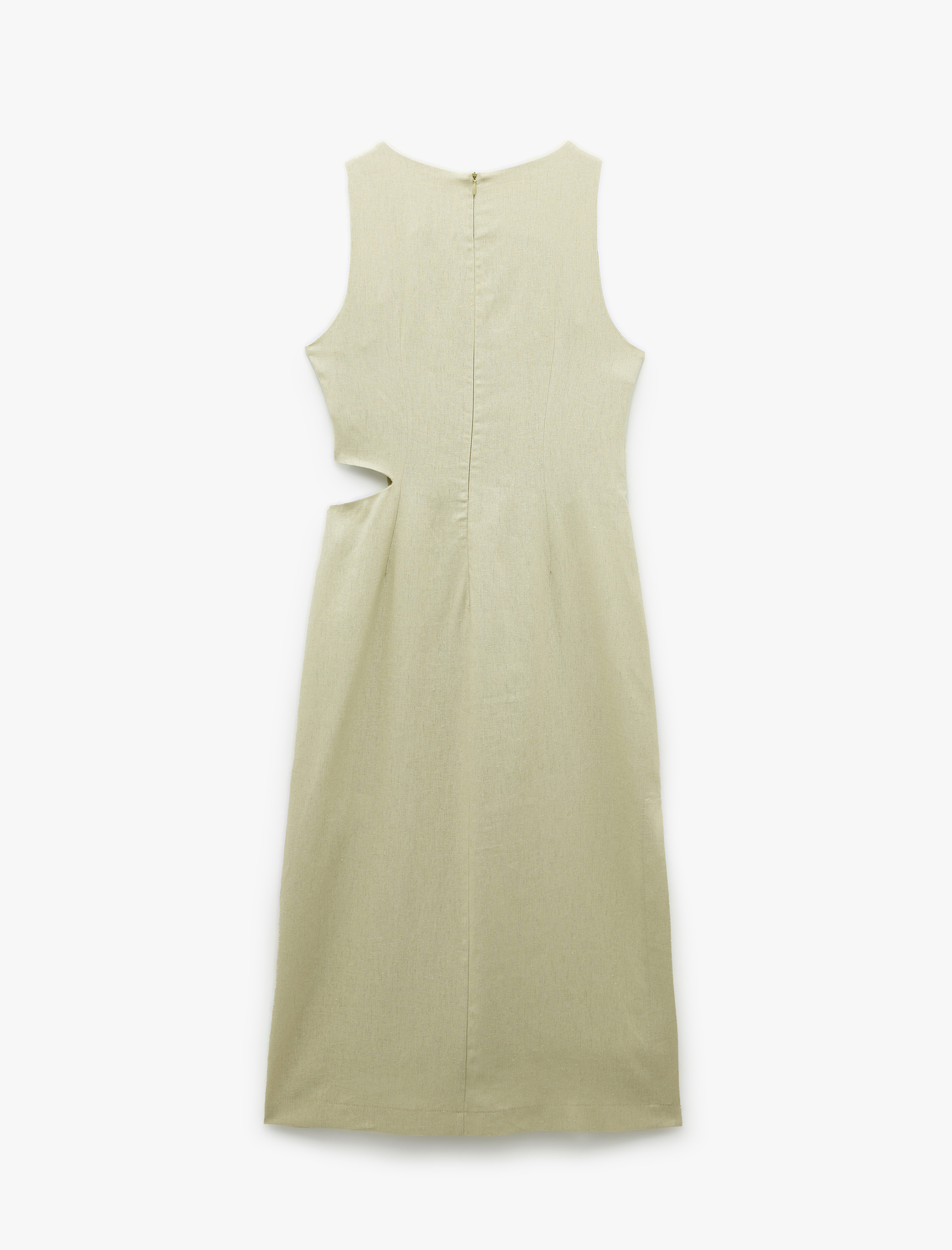   Pencere Detaylı Kolsuz Bisiklet Yaka Drepeli Viskon Keten Karışımlı Elbise