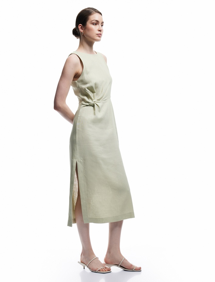  Pencere Detaylı Kolsuz Bisiklet Yaka Drepeli Viskon Keten Karışımlı Elbise