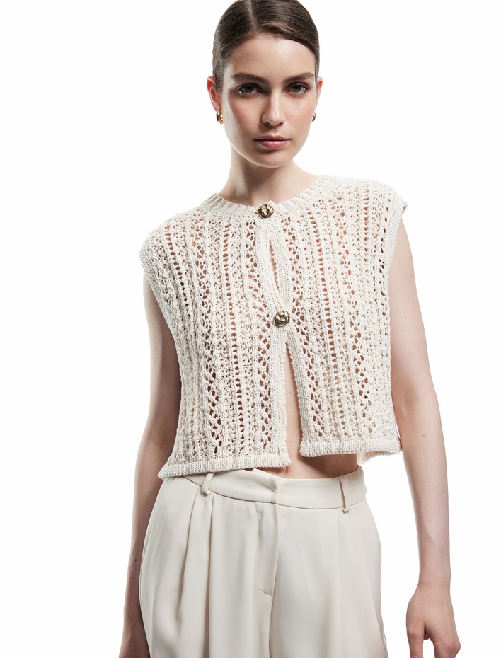  Kolsuz Bisiklet Yaka Düğmeli Ajurlu Kroşe Yelek