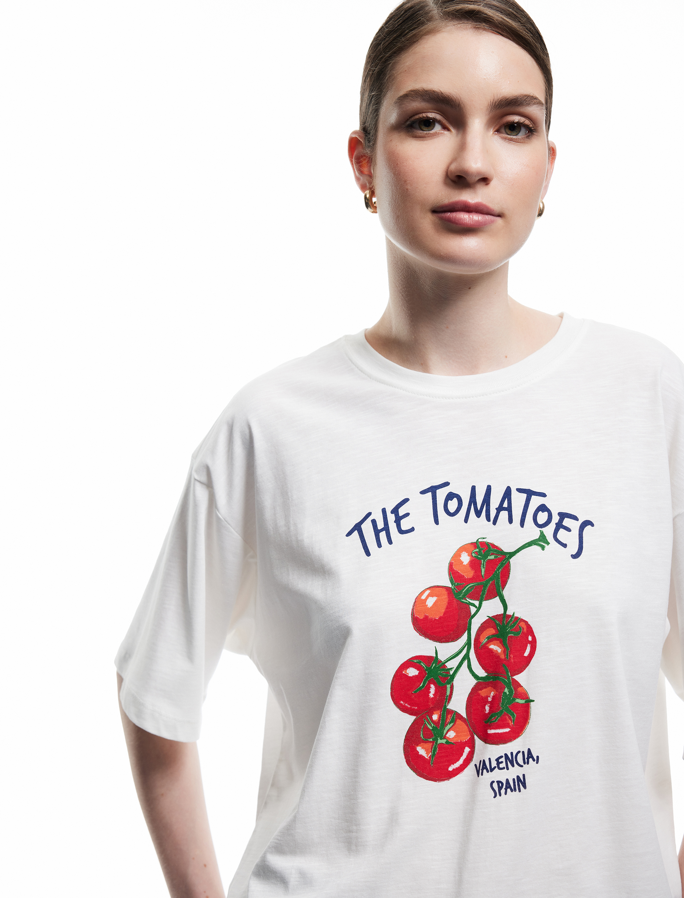   Pamuklu Kısa Kollu Bisiklet Yaka Domates Baskılı Oversize Tişört