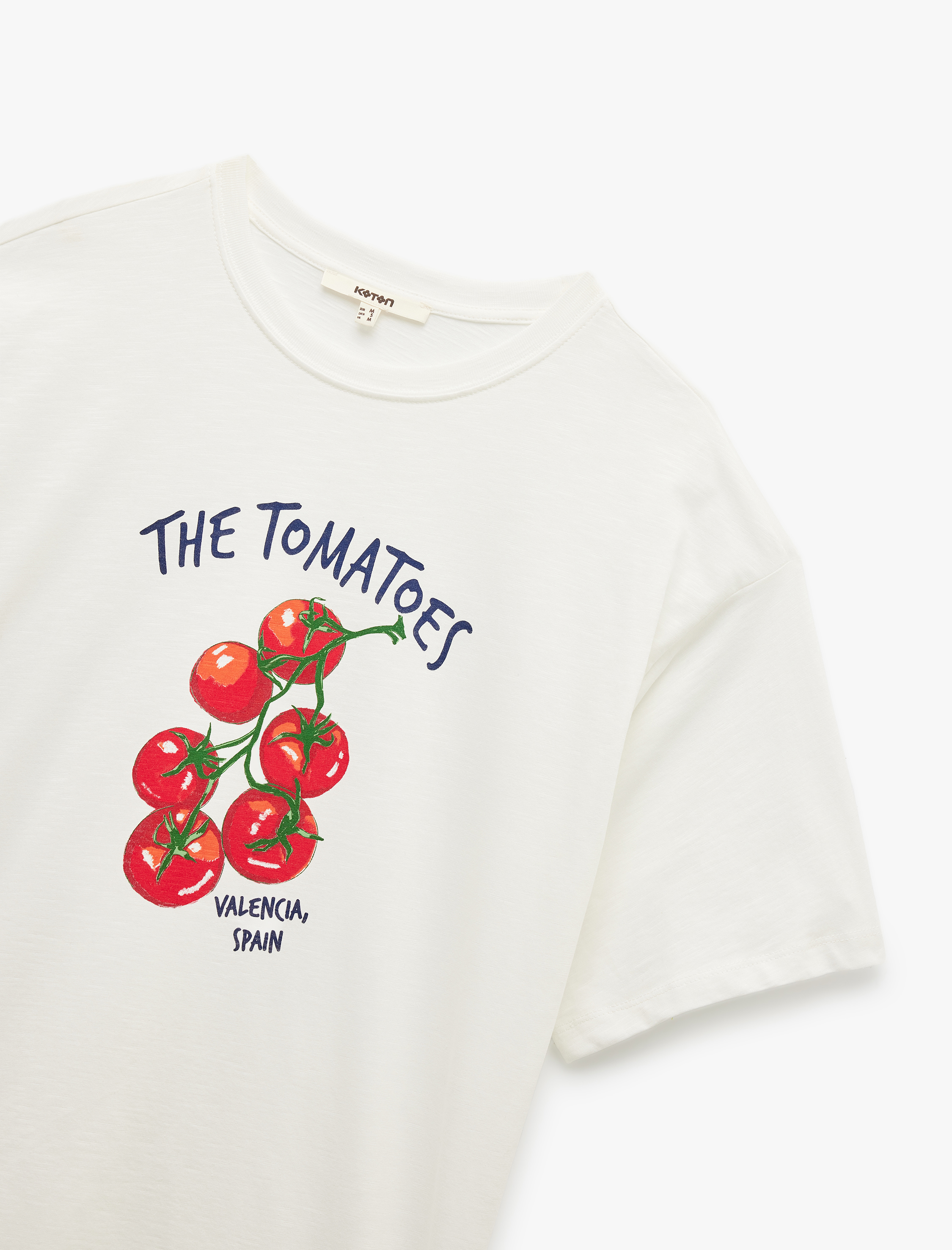   Pamuklu Kısa Kollu Bisiklet Yaka Domates Baskılı Oversize Tişört