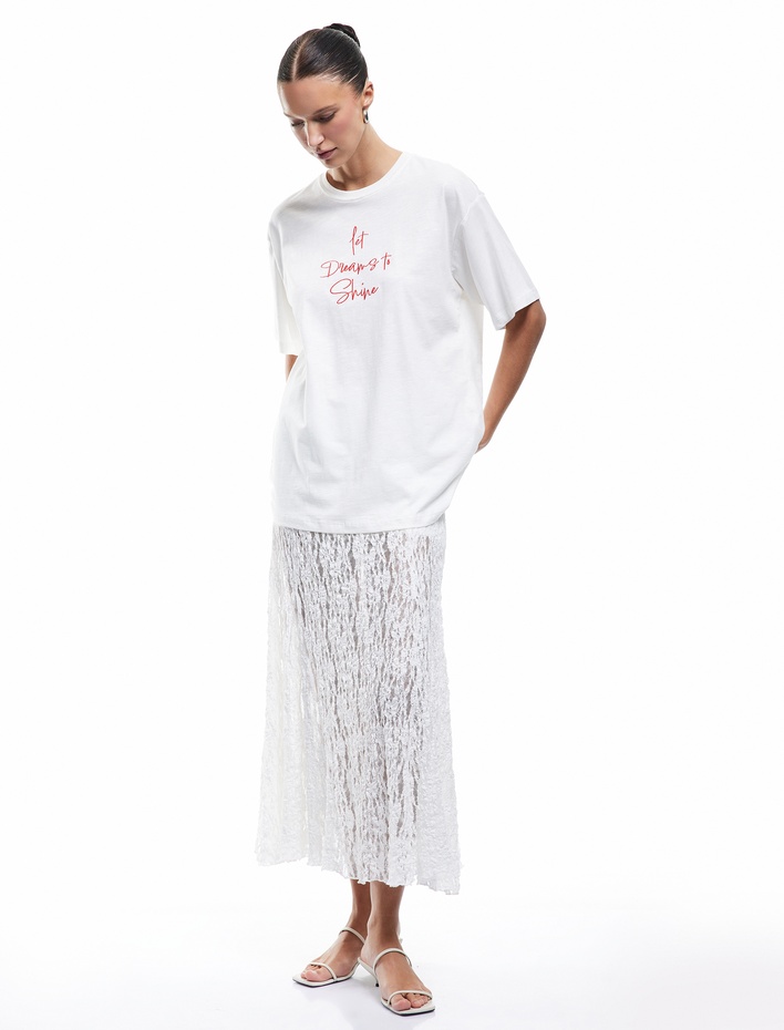  Pamuklu Kısa Kollu Bisiklet Yaka Baskılı Tişört