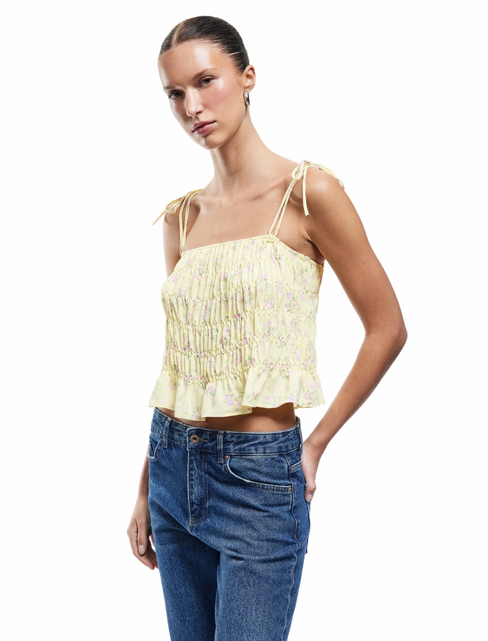  Viskon Kumaş Gipe Detaylı Çiçekli İnce Askılı Crop Büstiyer