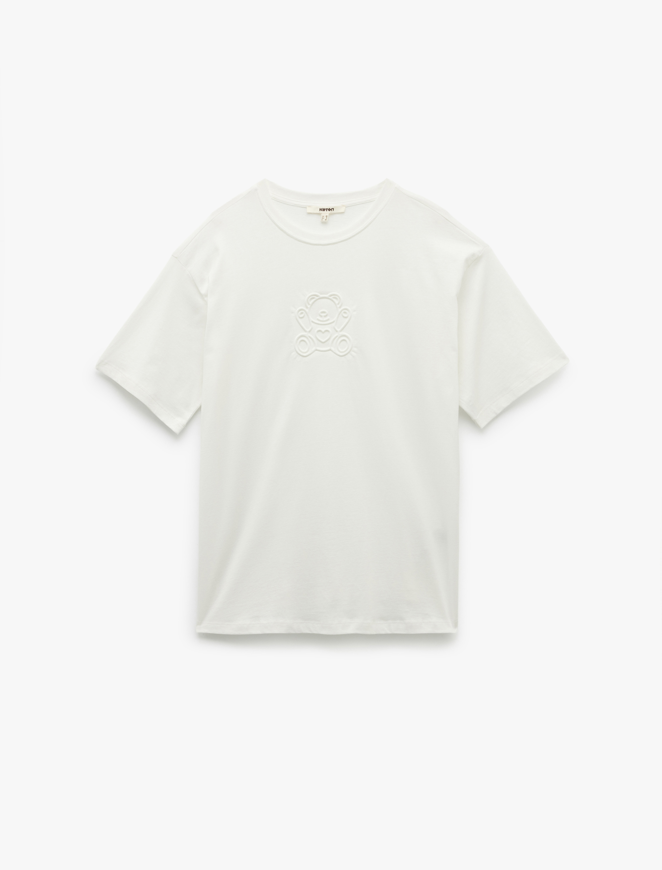   Pamuklu Kısa Kollu Bisiklet Yaka Ayıcık Kabartma Baskılı Tişört