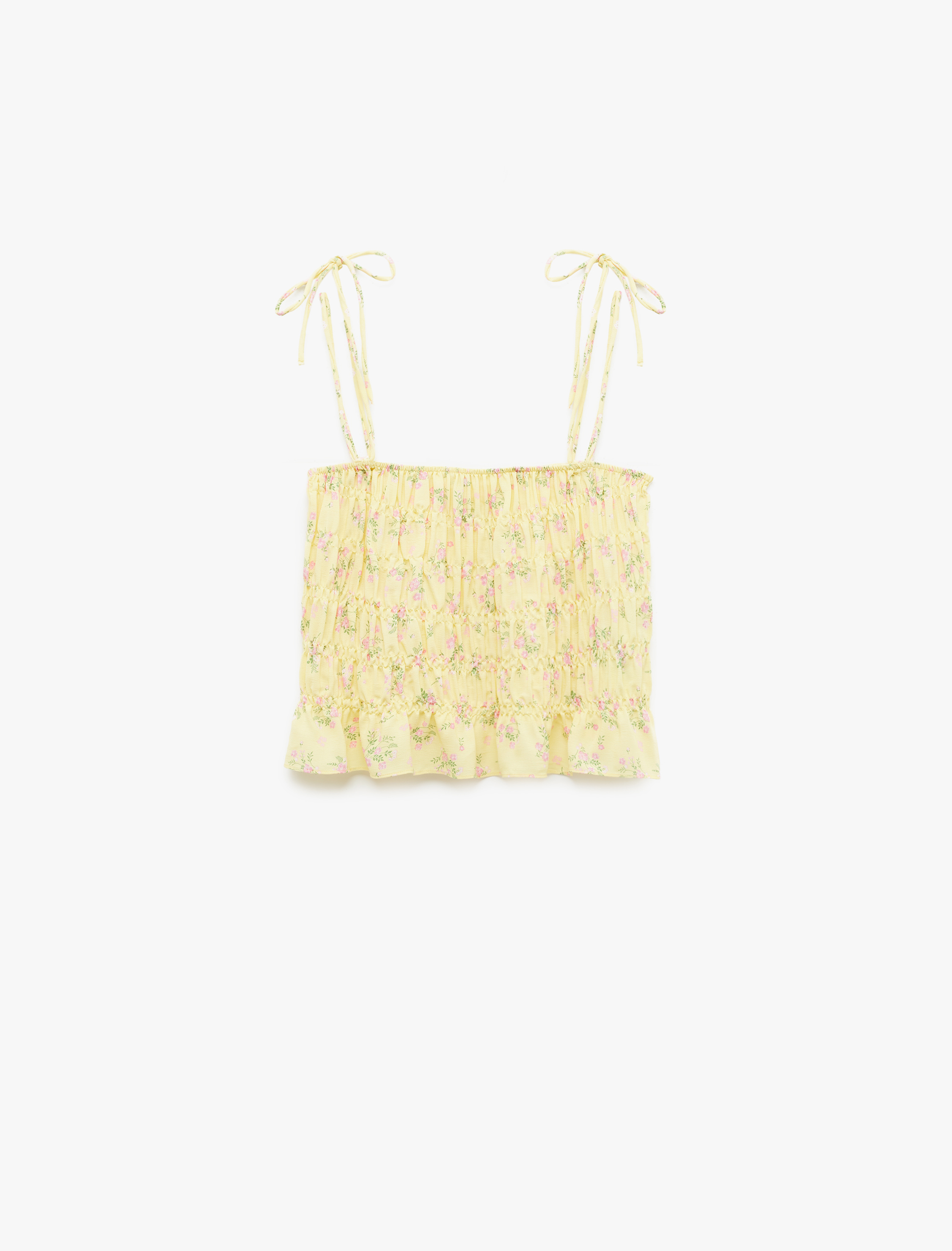 Viskon Kumaş Gipe Detaylı Çiçekli İnce Askılı Crop Büstiyer