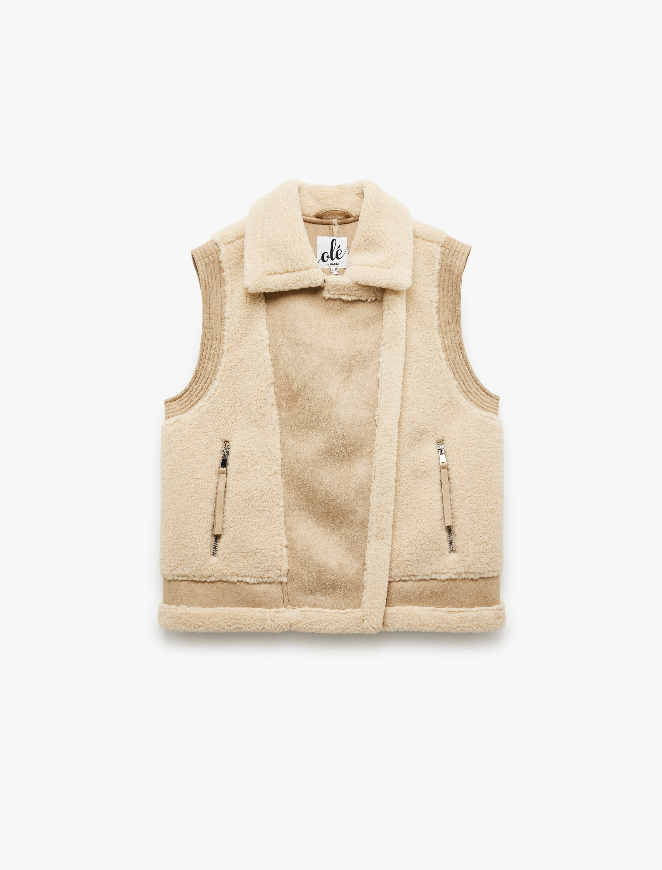   Suni Süet Detaylı Kolsuz Fermuarlı Cepli Peluş Yelek