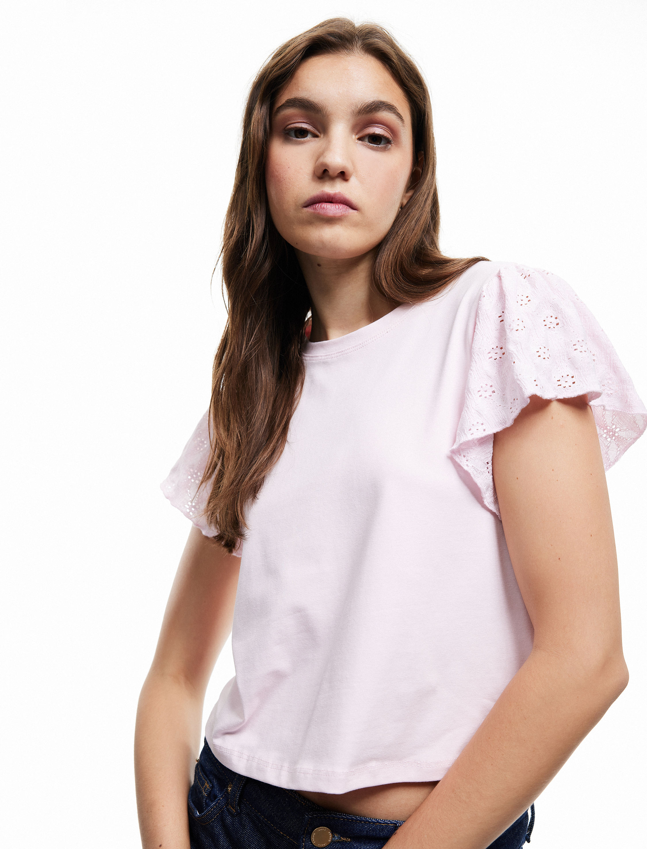   Fisto Detaylı Kısa Kollu Bisiklet Yaka Tişört Bürümcük