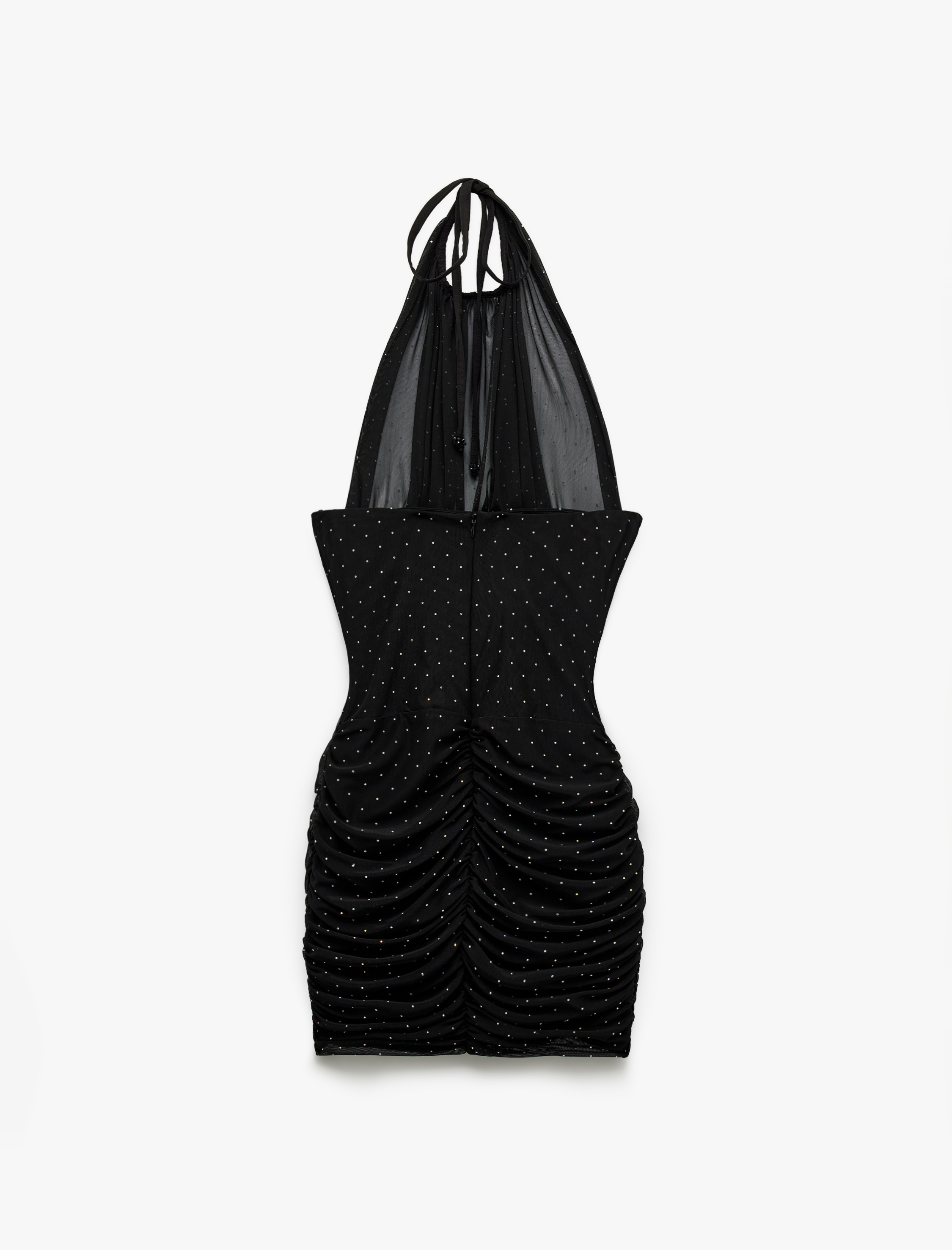   Koton X Sibil Çetinkaya - Degaje Yaka Boyundan Bağlamalı Kolsuz Tül Detaylı Taşlı Mini Abiye Elbise