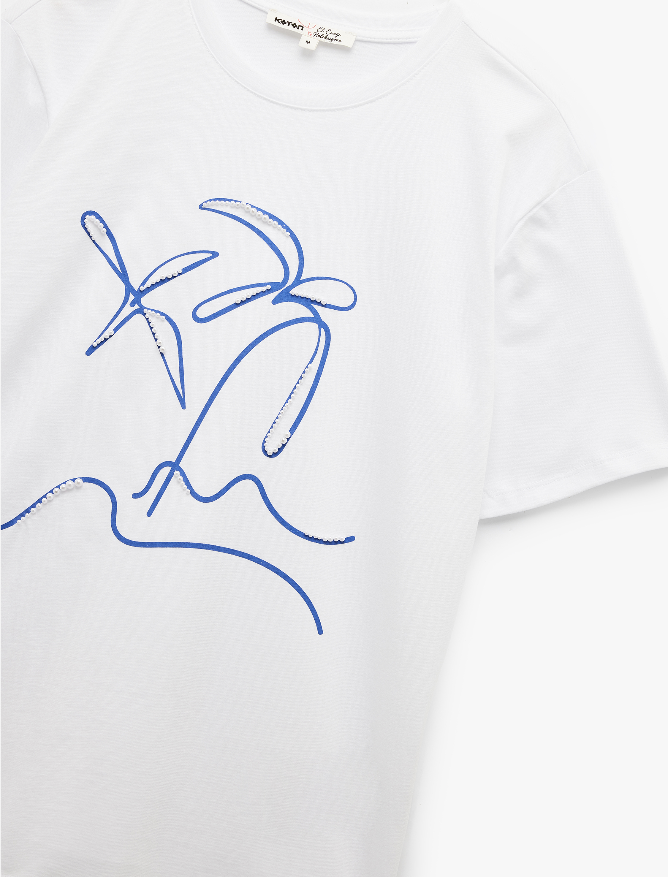   Pamuklu Kısa Kollu Bisiklet Yaka İnci İşleme Detaylı Baskılı Tişört