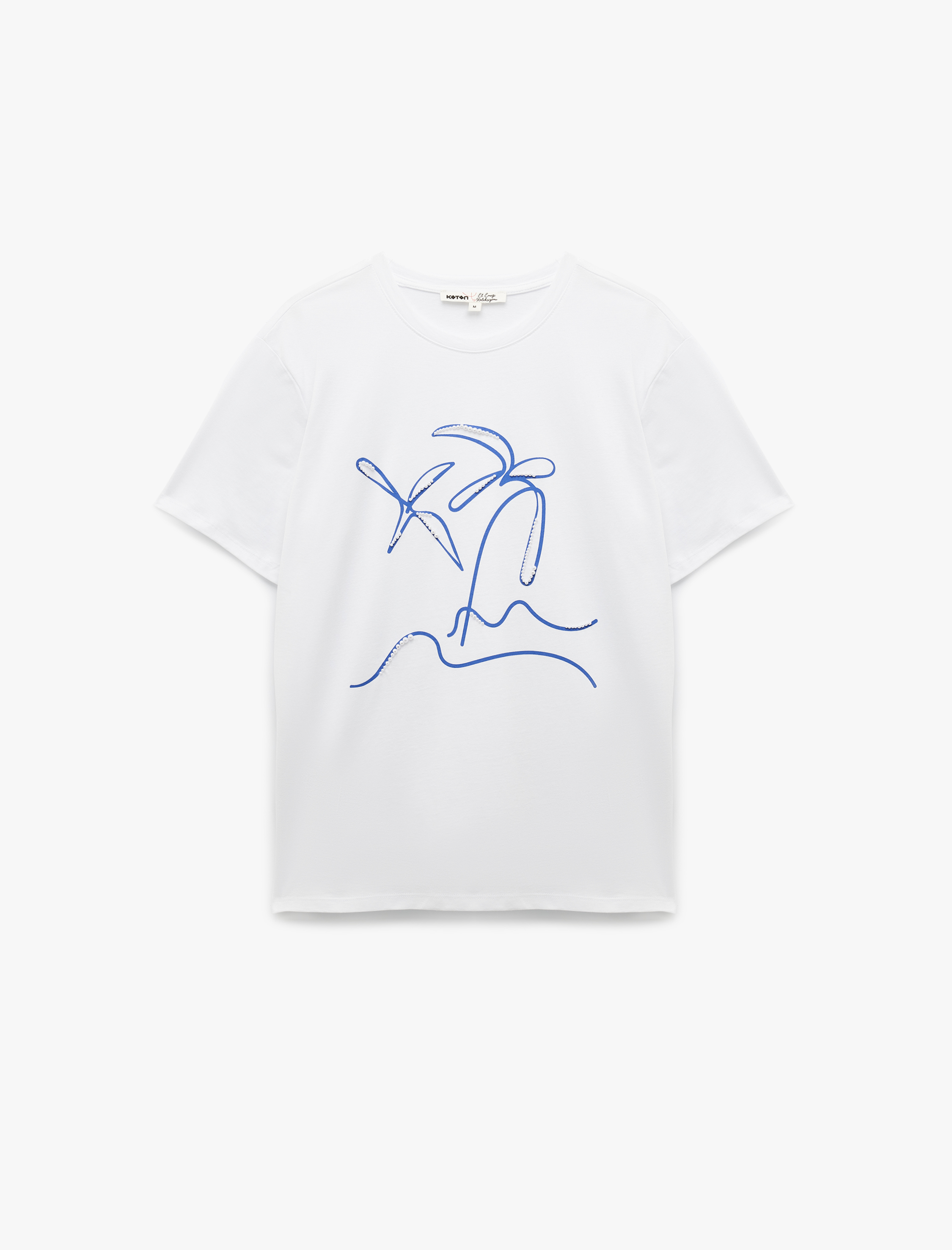   Pamuklu Kısa Kollu Bisiklet Yaka İnci İşleme Detaylı Baskılı Tişört