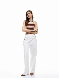 Yüksek Bel Pamuklu Rahat Kalıp Düğme Detaylı Geniş Paça Pantolon - Wide Leg Jean