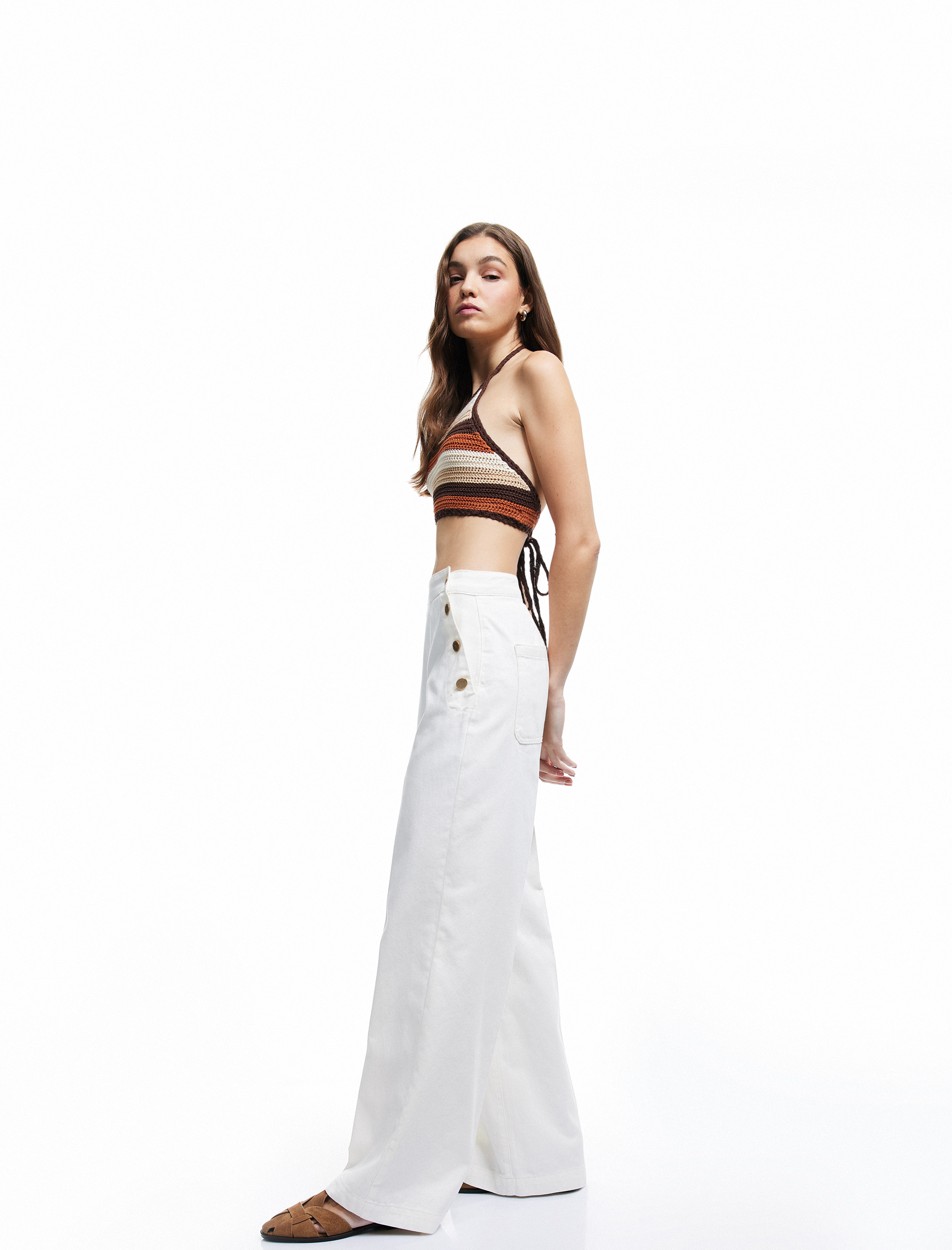   Yüksek Bel Pamuklu Rahat Kalıp Düğme Detaylı Geniş Paça Pantolon - Wide Leg Jean