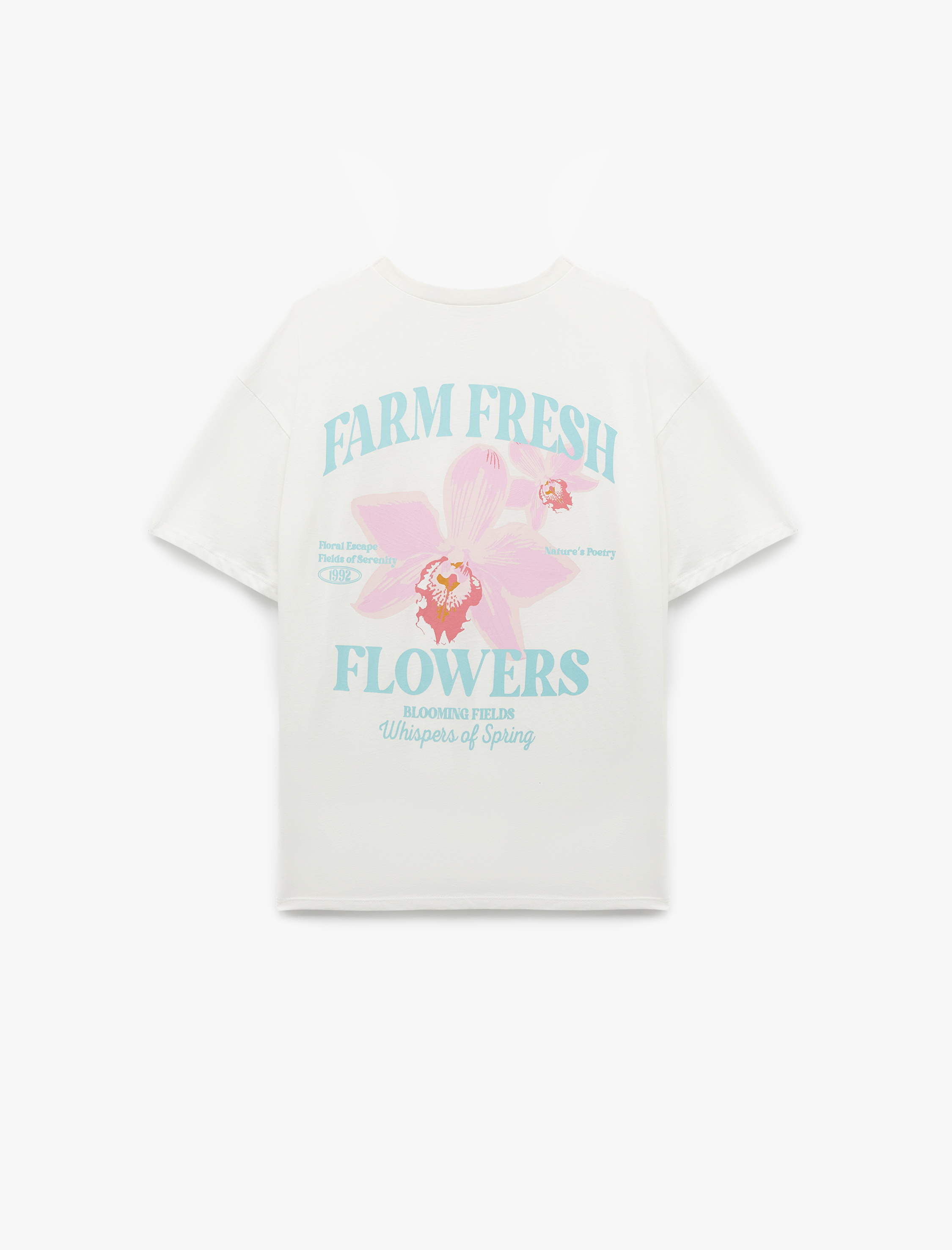   Kısa Kollu Bisiklet Yaka Pamuklu Çiçekli Arkası Baskılı Tişört