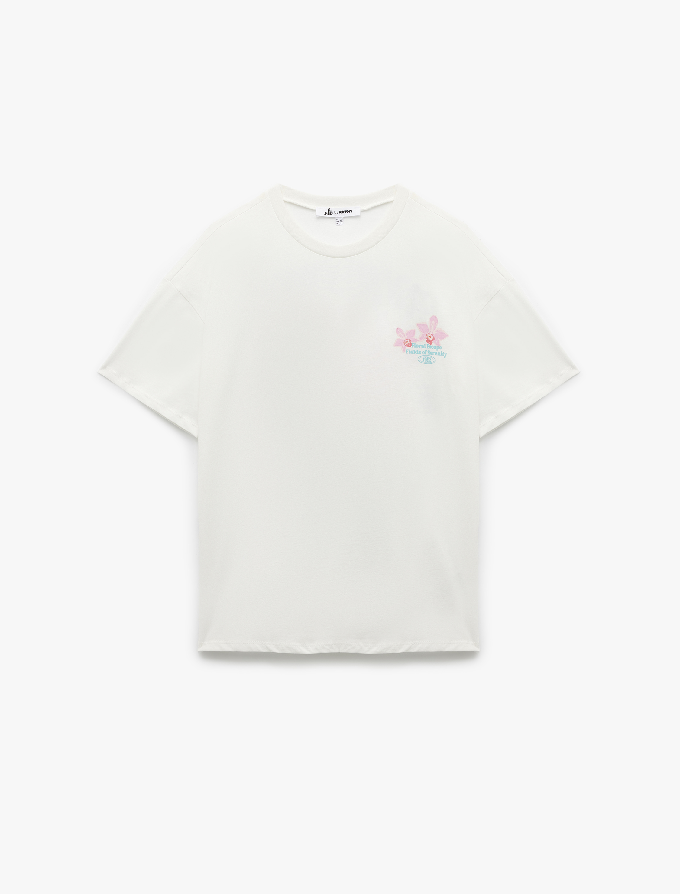   Kısa Kollu Bisiklet Yaka Pamuklu Çiçekli Arkası Baskılı Tişört