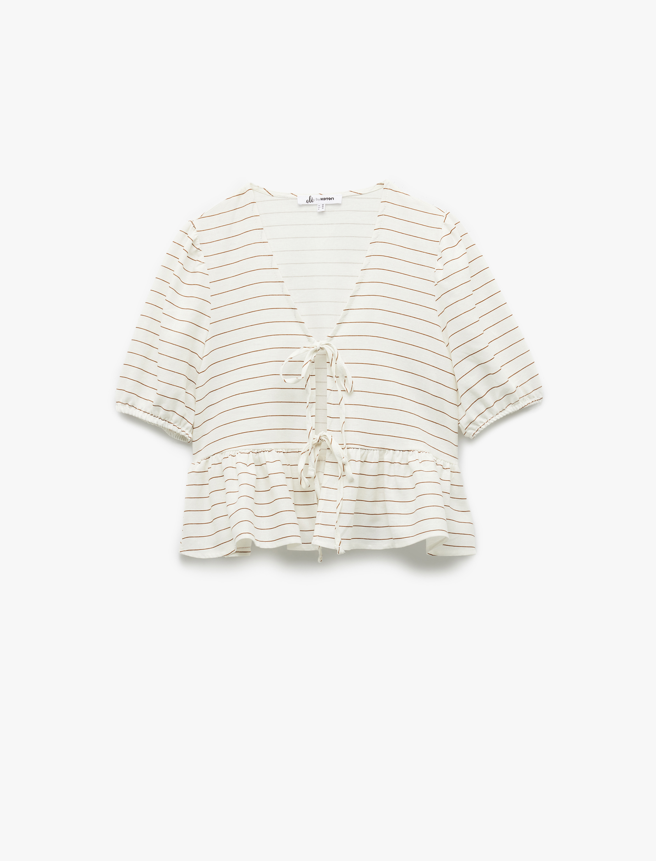   V Yaka Kısa Balon Kollu Bağlama Detaylı Keten Karışımlı Bluz