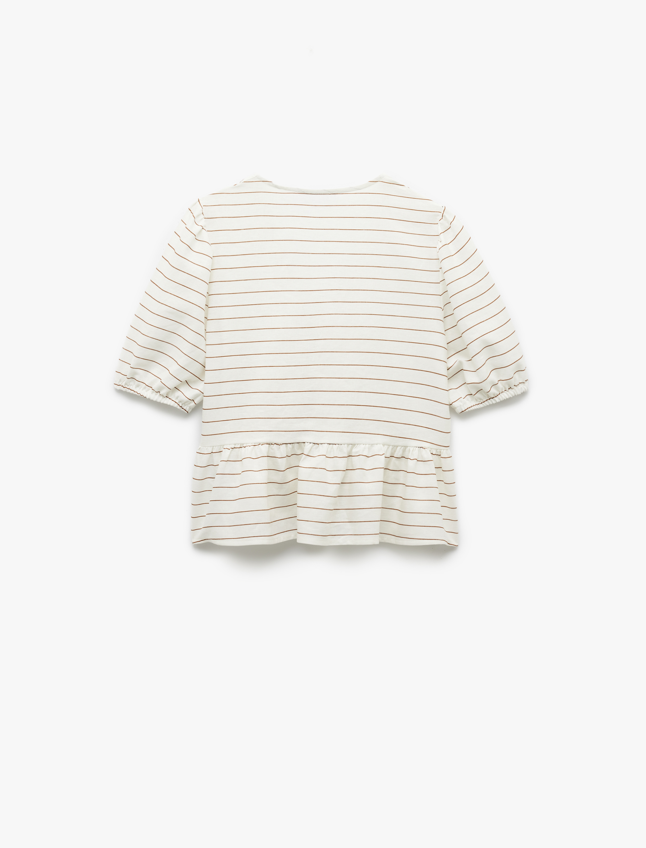   V Yaka Kısa Balon Kollu Bağlama Detaylı Keten Karışımlı Bluz