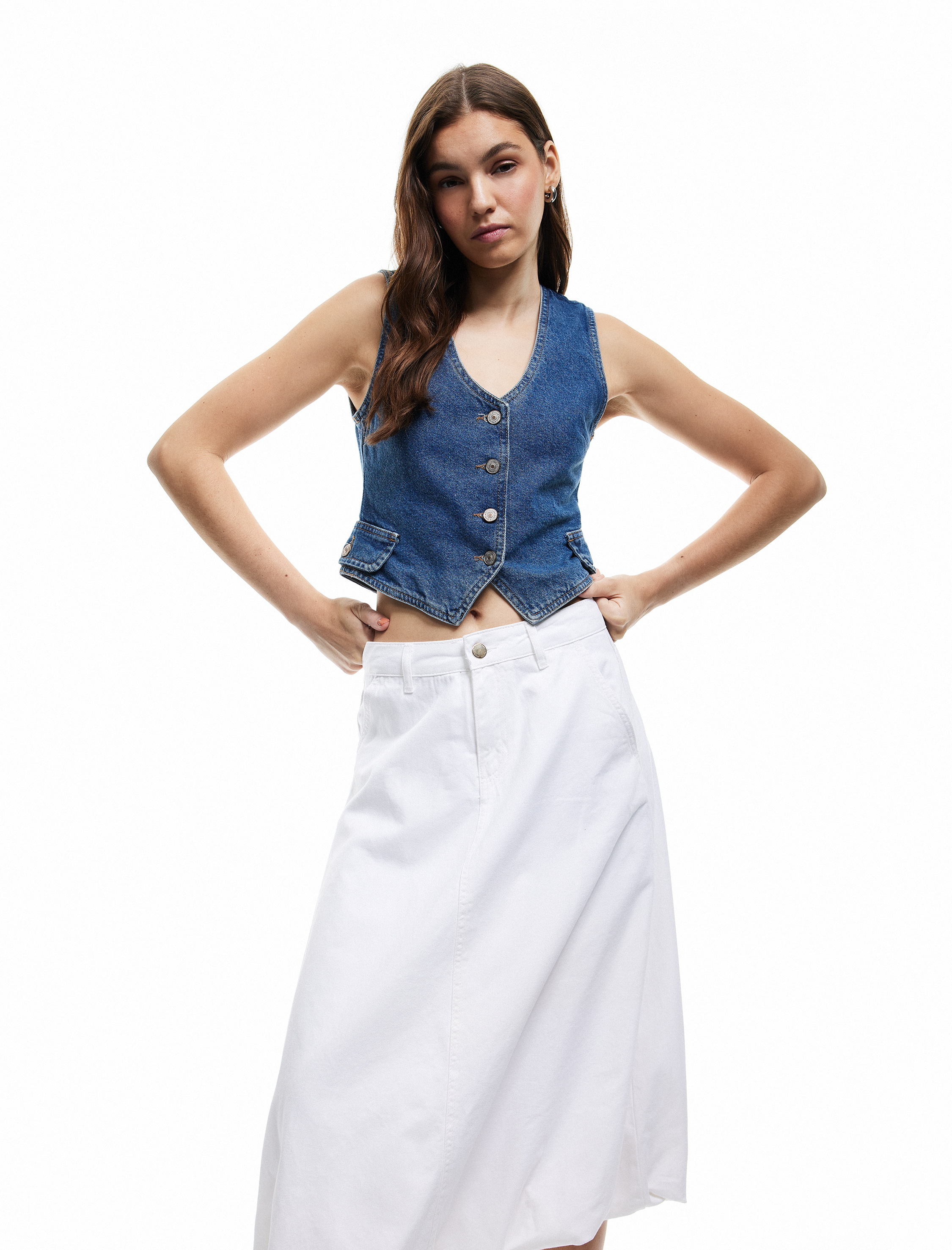   Cep Detaylı Düğmeli Rahat Kalıp Midi Balon Etek