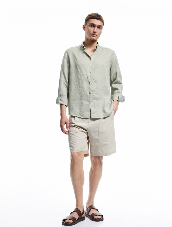  Uzun Kollu Regular Fit Düğmeli Yaka Klasik Keten Gömlek