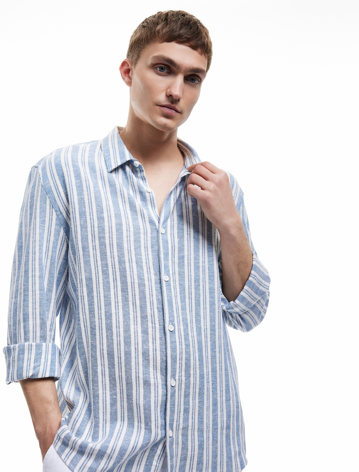  Keten Viskon Karışımlı Regular Fit Klasik Yaka Uzun Kollu Çizgili Gömlek