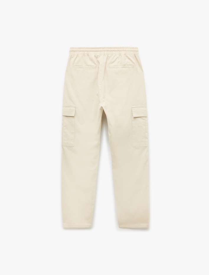  Beli Bağcıklı Cep Detaylı Keten Pamuk Karışımlı Kargo Pantolon