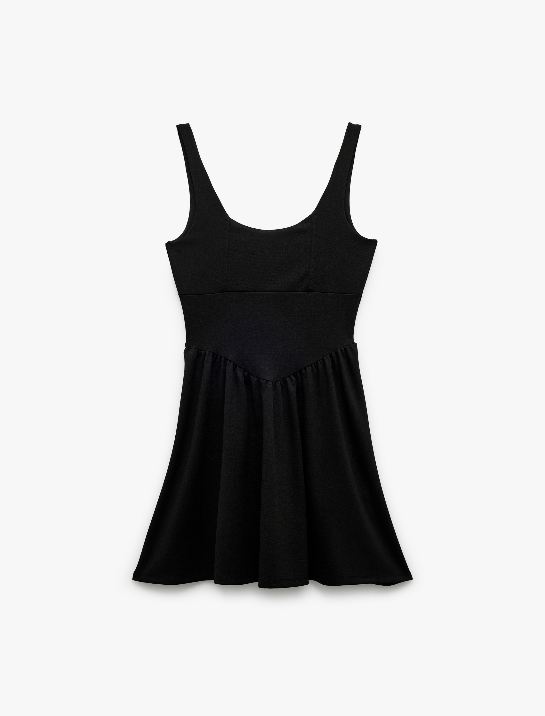   U Yaka Kolsuz Dikiş Detaylı Astarlı Viskon Karışımlı Mini Kloş Elbise