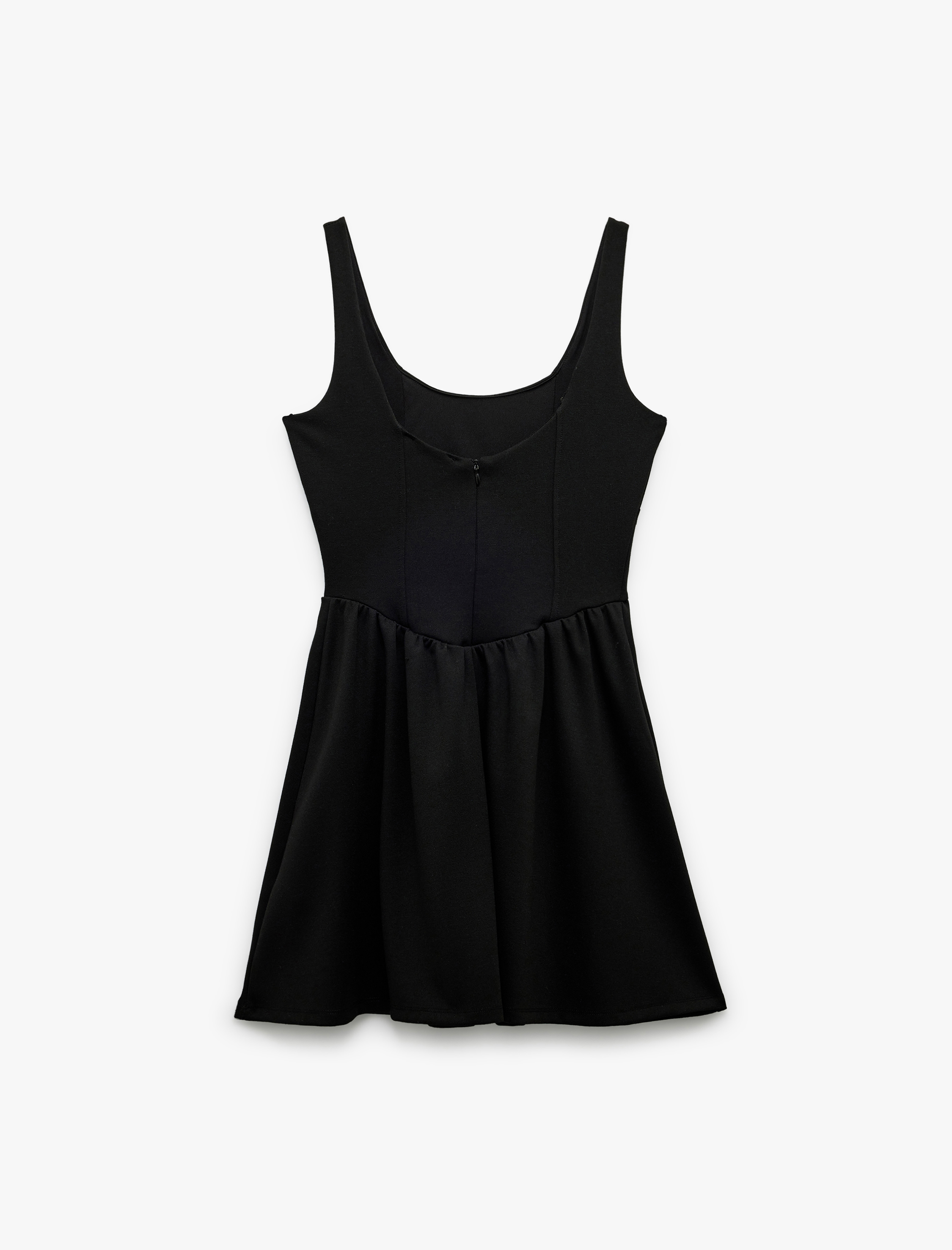   U Yaka Kolsuz Dikiş Detaylı Astarlı Viskon Karışımlı Mini Kloş Elbise