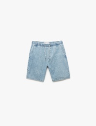 Pamuklu Bol Cep Detaylı Oversize Beli Bağcıklı Bermuda Jean Şort