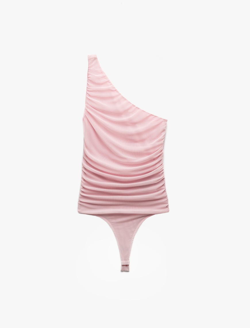   Yarı Transparan Asimetrik Tek Omuz Tül Bodysuit