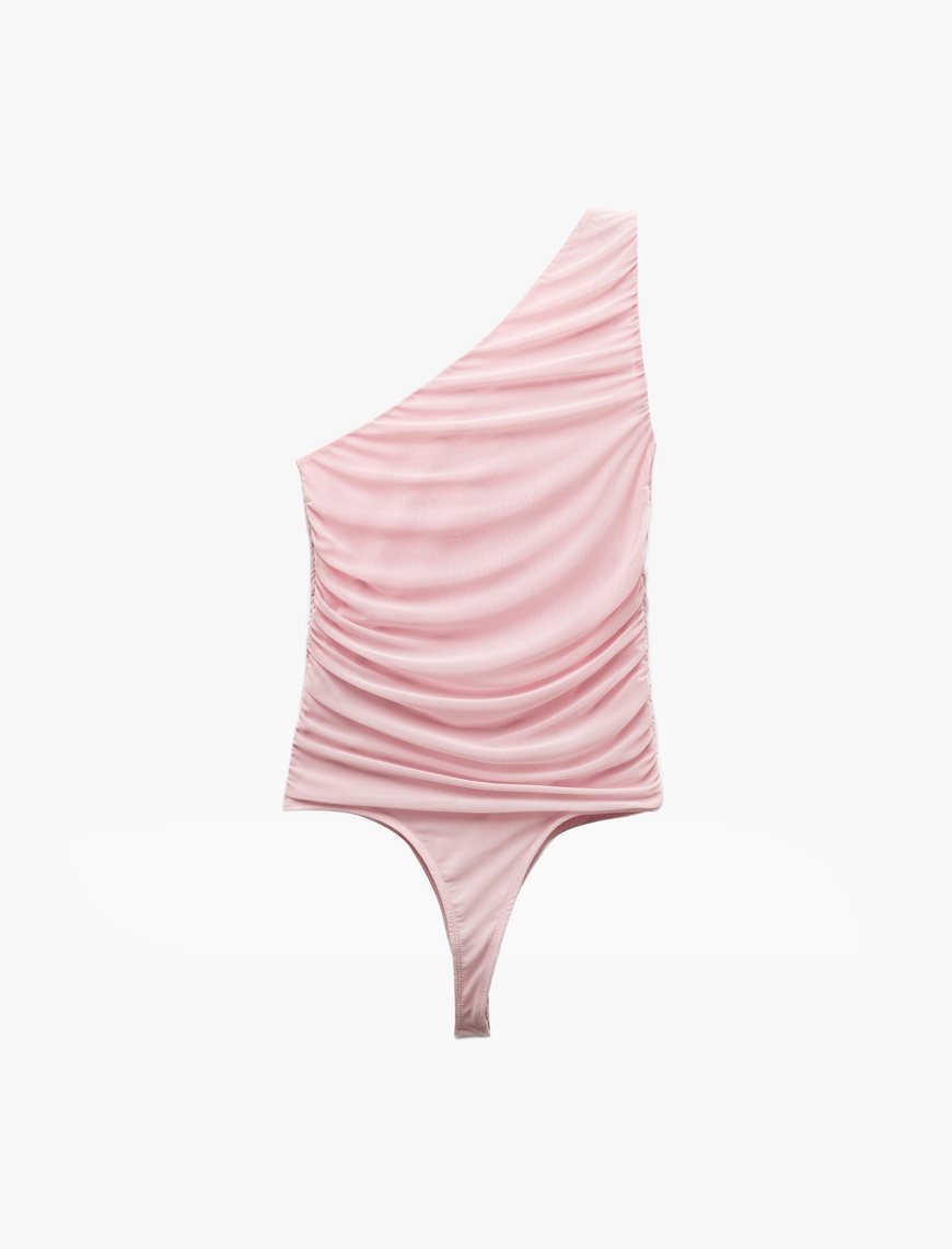   Yarı Transparan Asimetrik Tek Omuz Tül Bodysuit