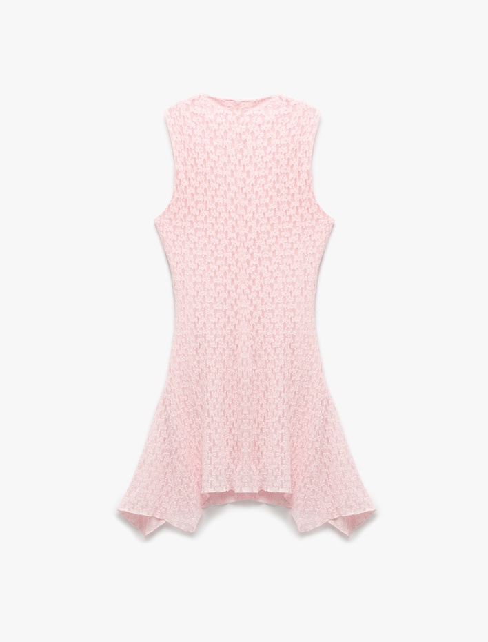  Slim Fit Astarlı Asimetrik Kesim Drape Detaylı Kolsuz Mini Dantelli Elbise