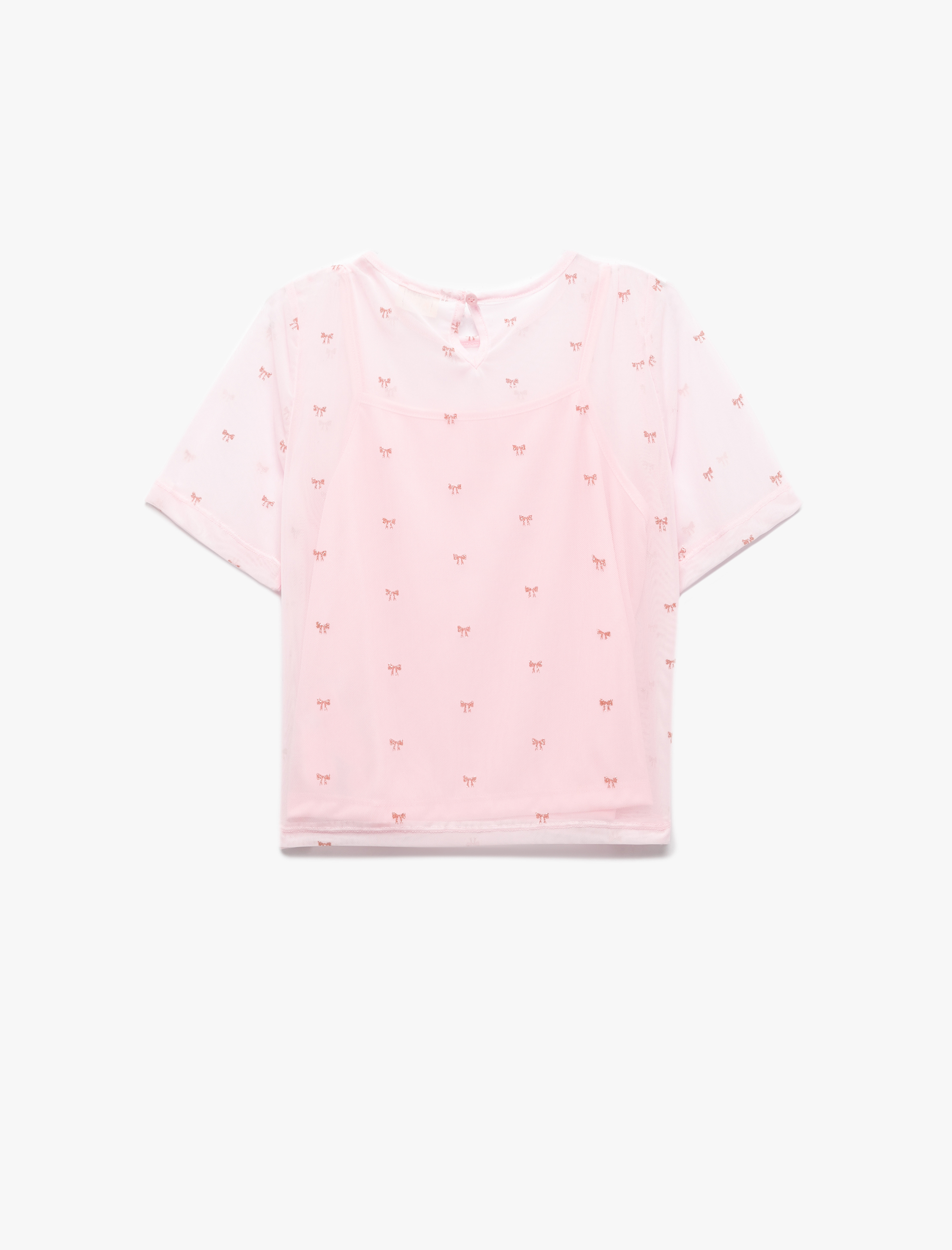  Kız Çocuk Bisiklet Yaka Fiyonk Baskılı Kısa Kollu Crop Bluz