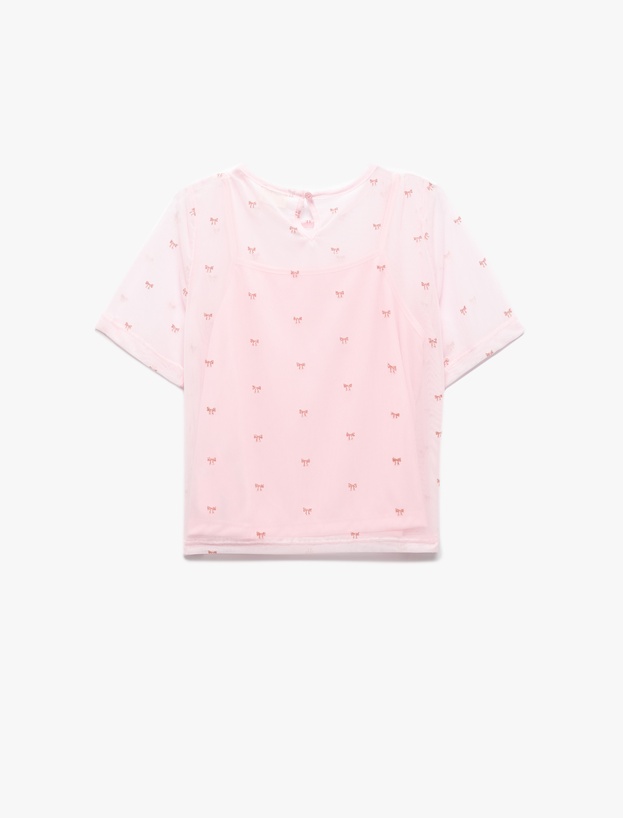 Bisiklet Yaka Fiyonk Baskılı Kısa Kollu Crop Bluz_1