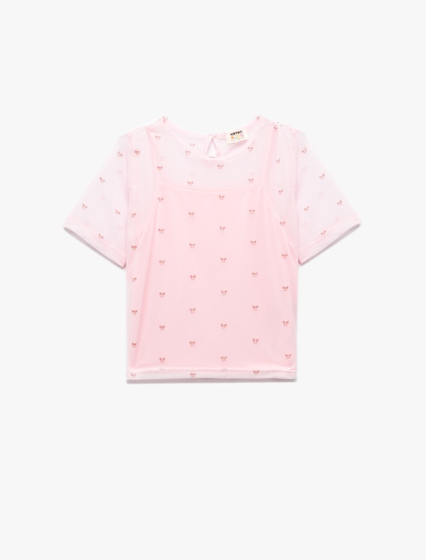 Bisiklet Yaka Fiyonk Baskılı Kısa Kollu Crop Bluz_0