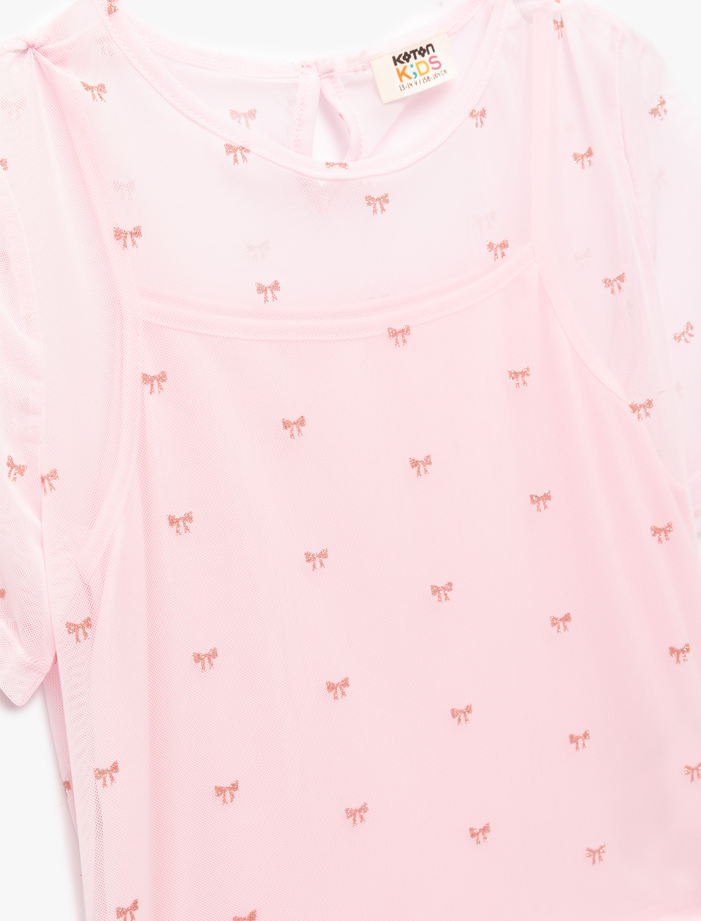  Kız Çocuk Bisiklet Yaka Fiyonk Baskılı Kısa Kollu Crop Bluz