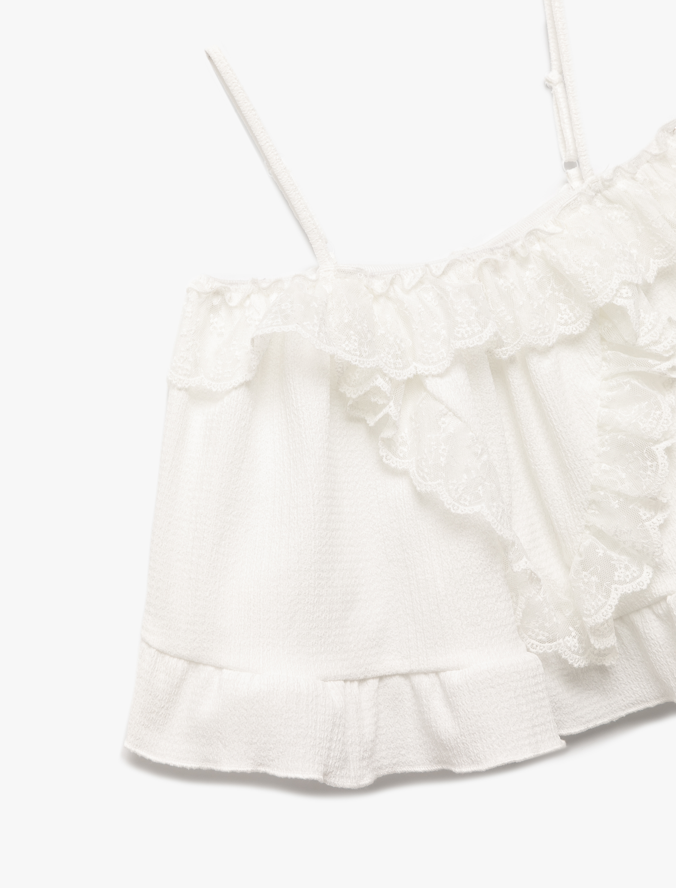  Kız Çocuk Dantel Detaylı Kare Yaka Askılı Crop Bluz