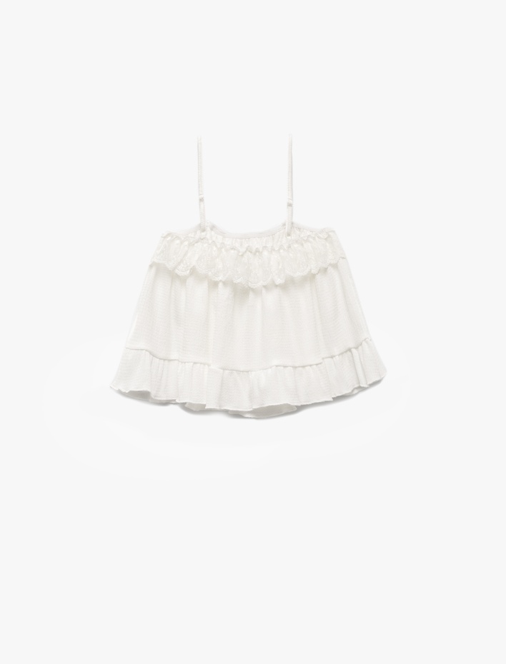 Kız Çocuk Dantel Detaylı Kare Yaka Askılı Crop Bluz