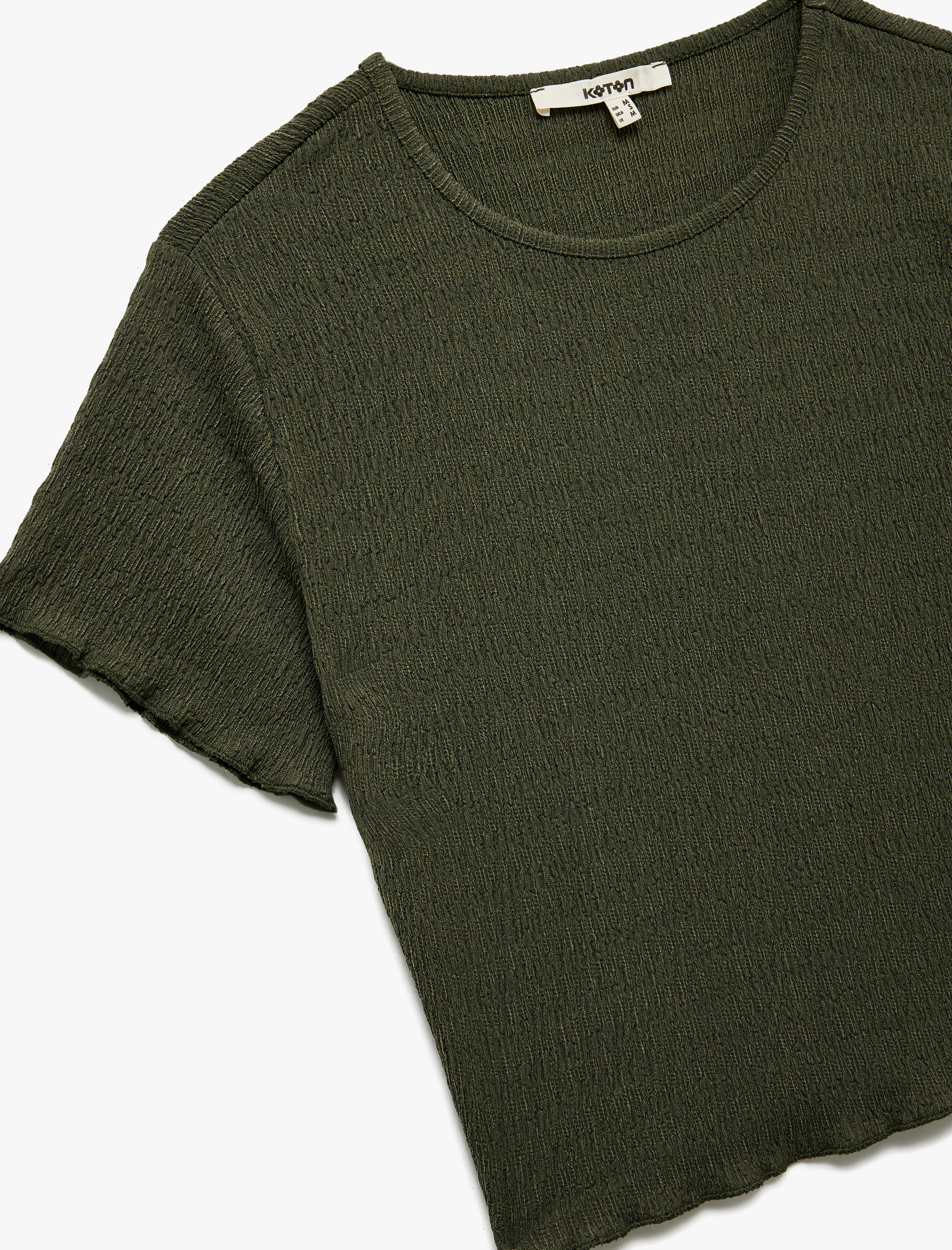 Bisiklet Yaka Kısa Kollu Slim Fit Dokulu Crop Tişört