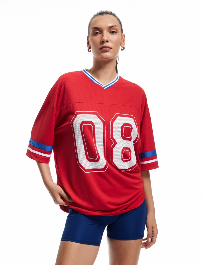  Yarım Kollu V Yaka Ribanalı Kolej Baskılı Spor Tişört