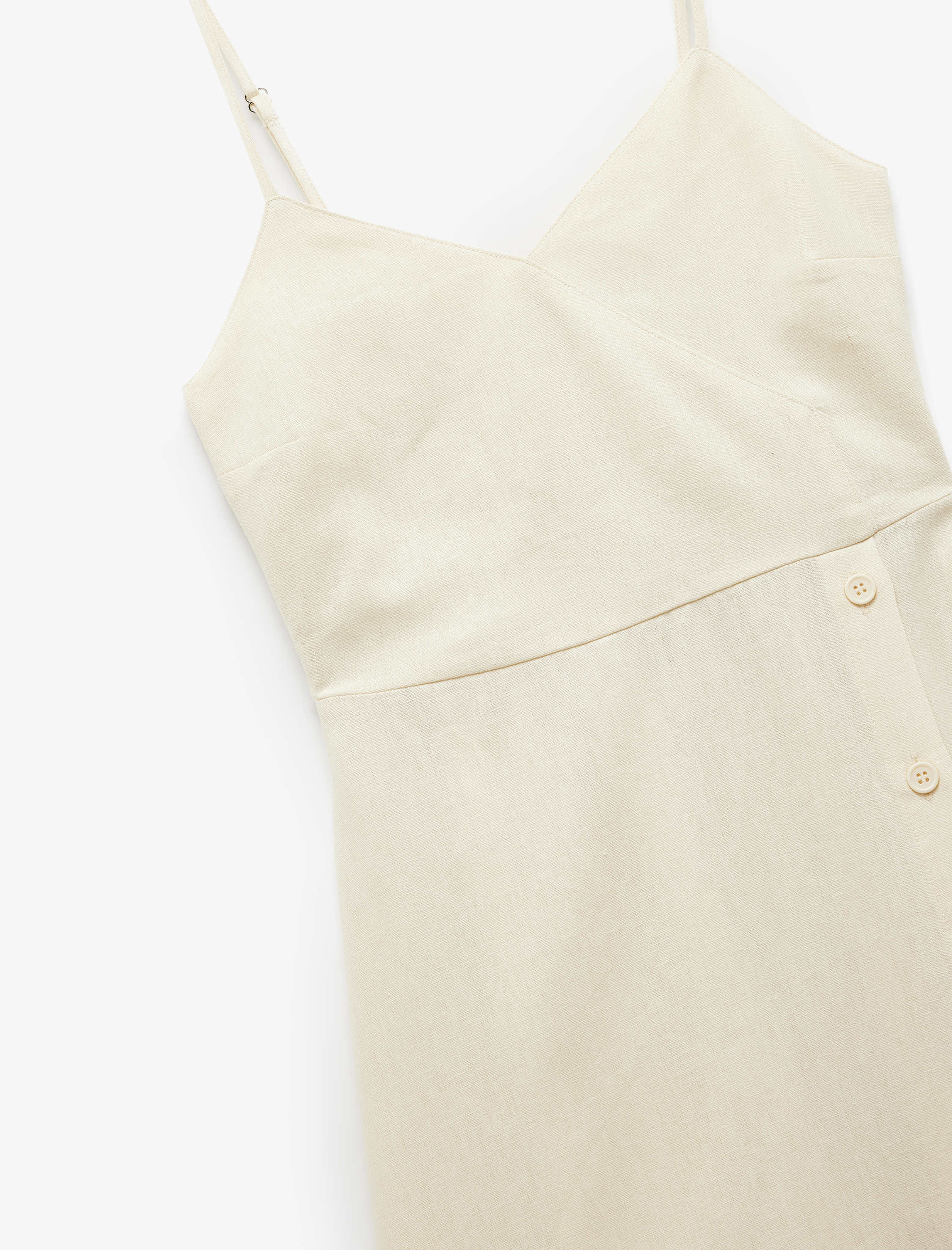   İnce Askılı Düğmeli Keten ve Viskon Karışımlı Midi Elbise