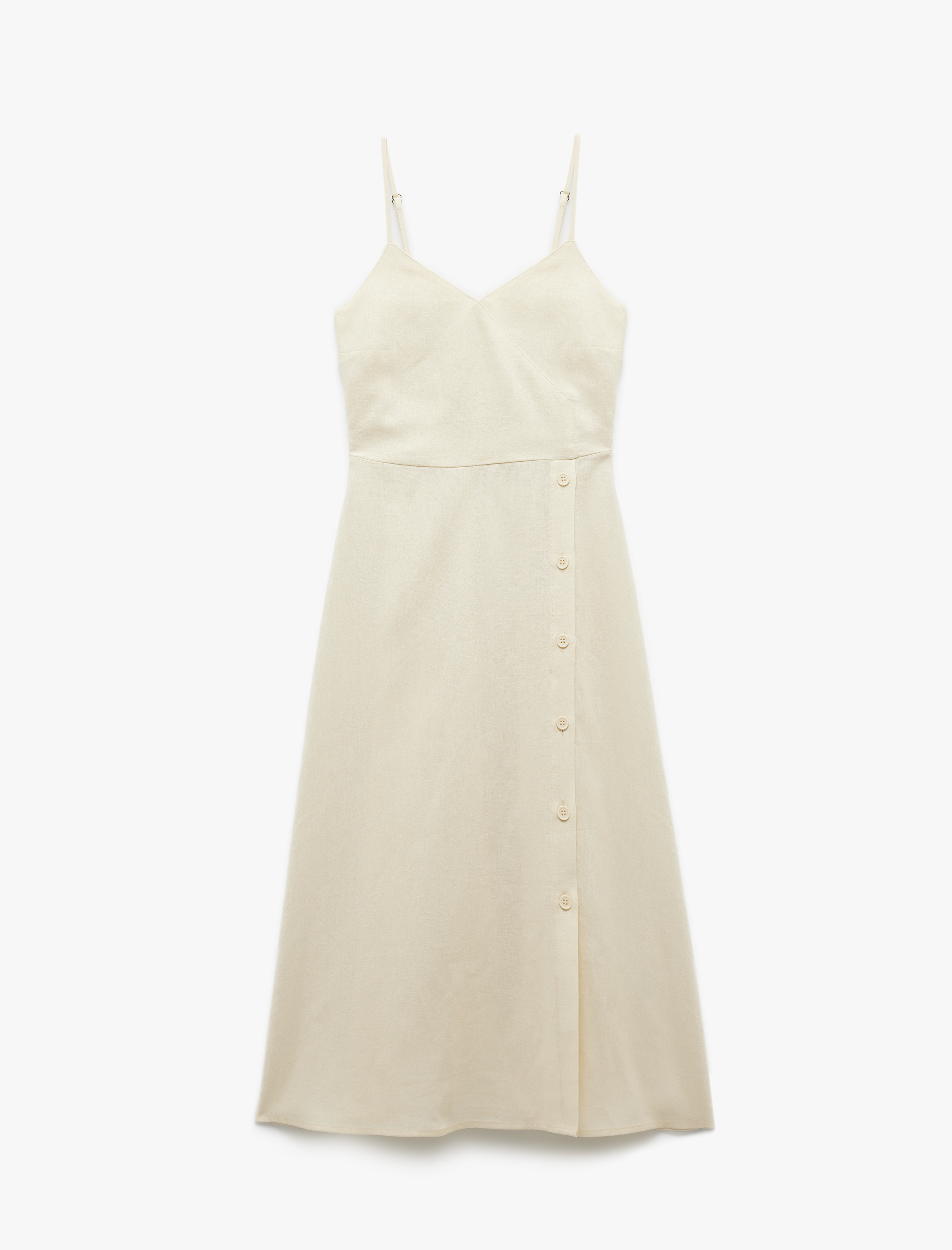   İnce Askılı Düğmeli Keten ve Viskon Karışımlı Midi Elbise