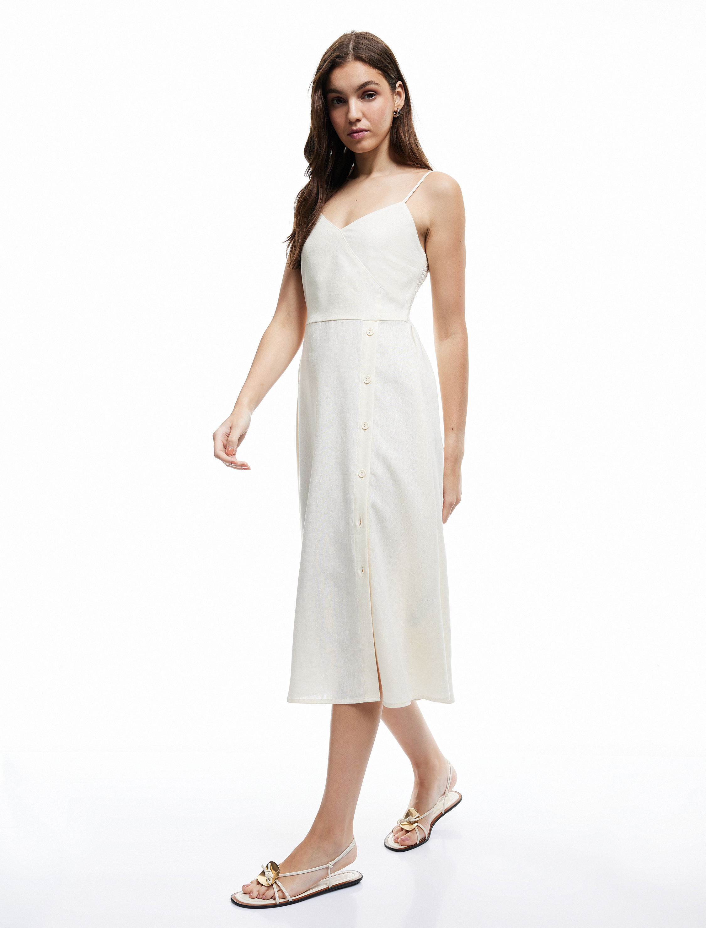   İnce Askılı Düğmeli Keten ve Viskon Karışımlı Midi Elbise