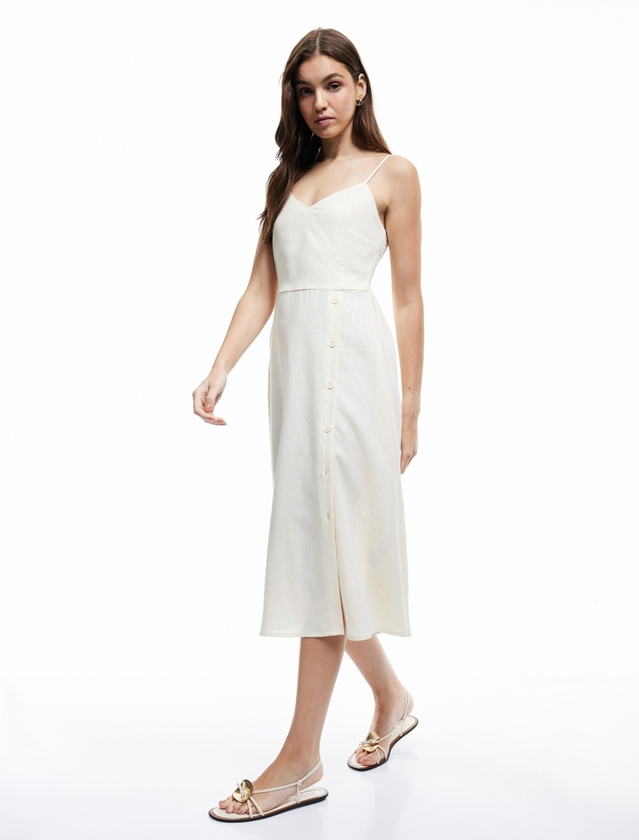  İnce Askılı Düğmeli Keten ve Viskon Karışımlı Midi Elbise