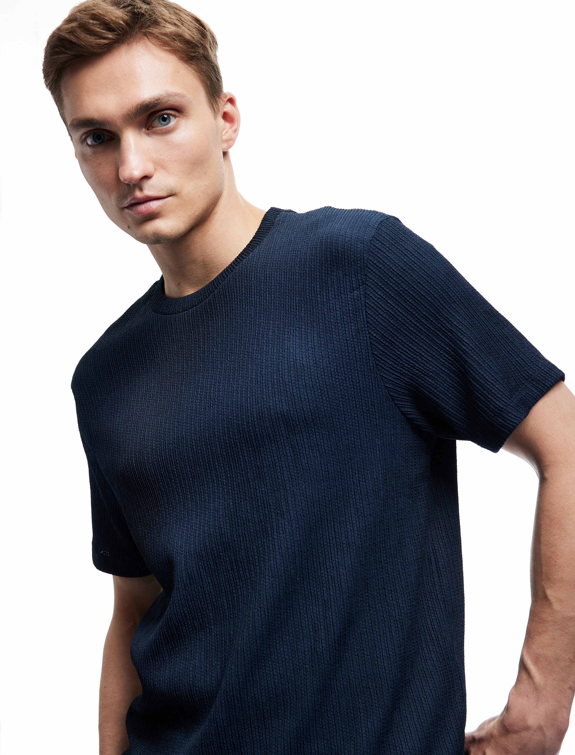   Regular Fit Kısa Kollu Bisiklet Yaka Dokulu Tişört