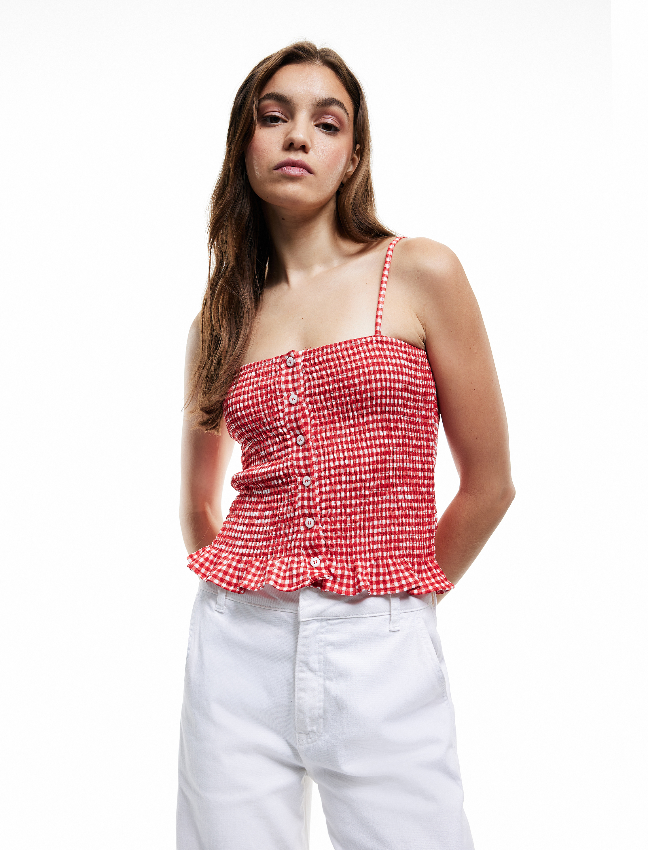   Gipeli Düğmeli Fırfırlı Dar Kesim Pötikareli İp Askılı Crop Bluz