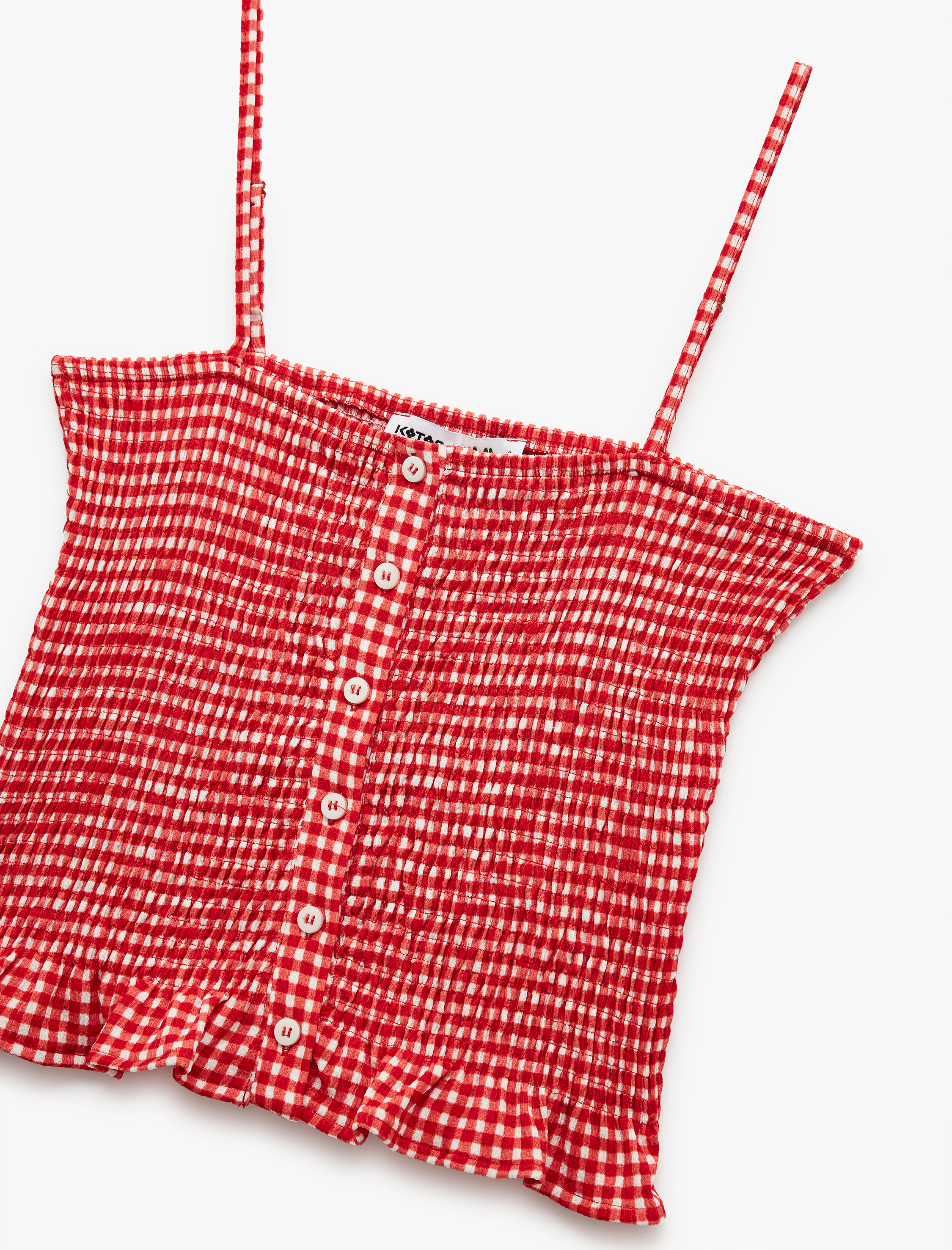   Gipeli Düğmeli Fırfırlı Dar Kesim Pötikareli İp Askılı Crop Bluz