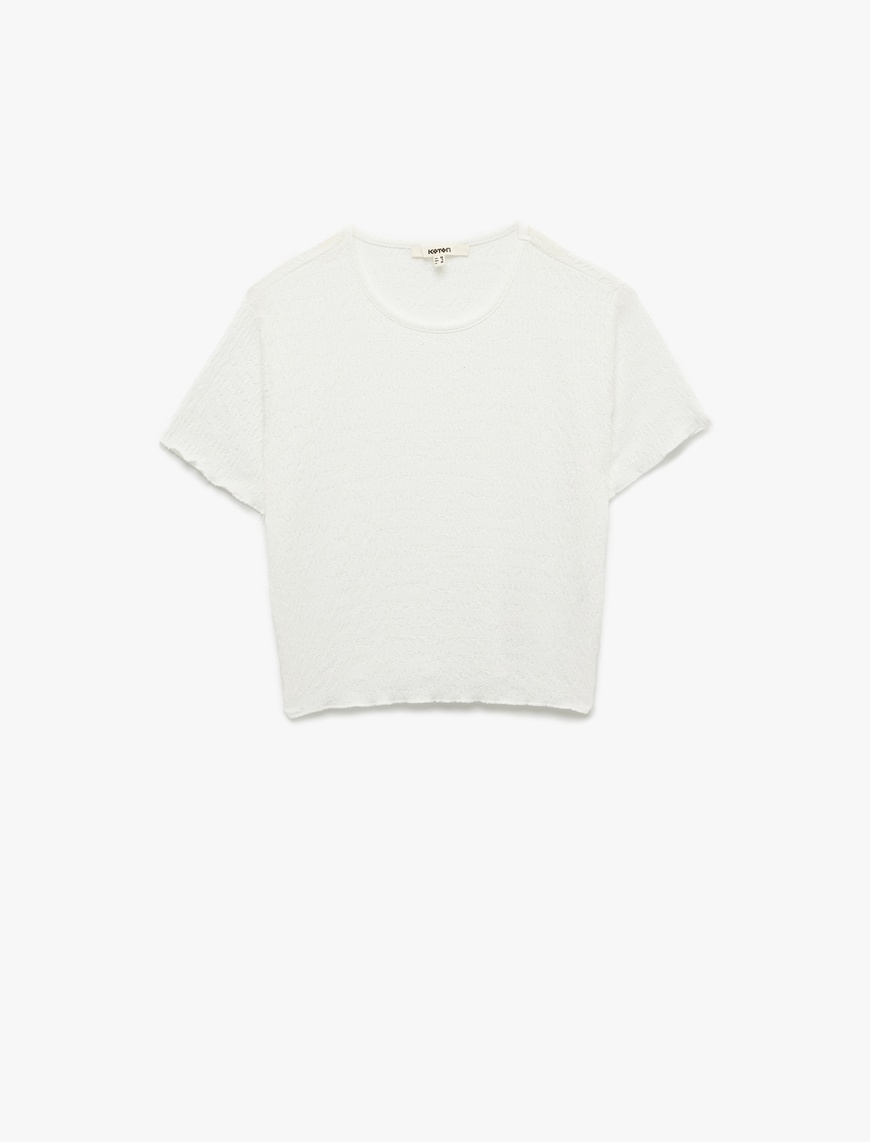   Bisiklet Yaka Kısa Kollu Slim Fit Dokulu Crop Tişört