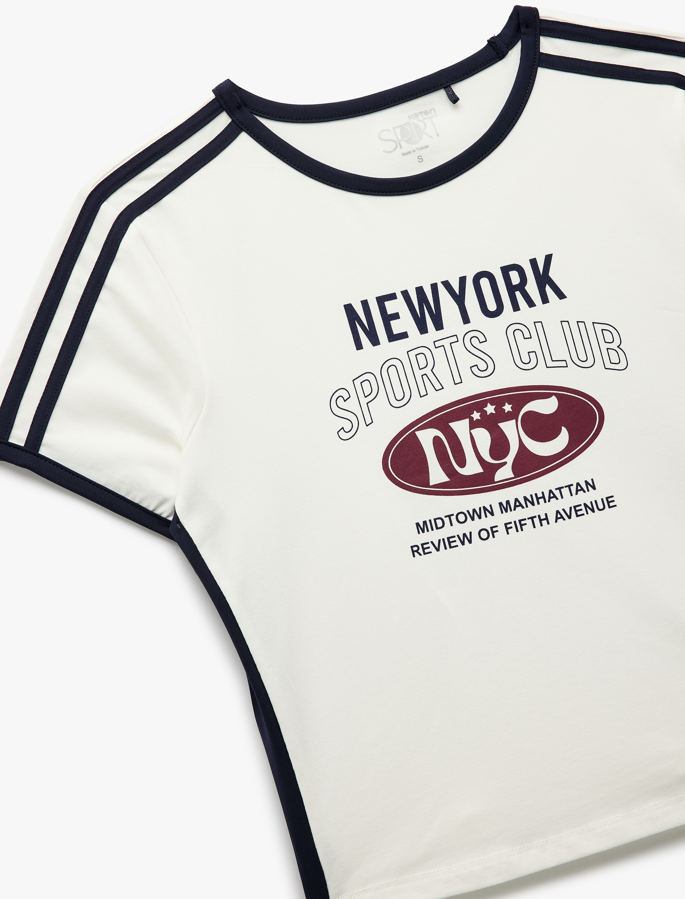   Bisiklet Yaka Baskılı Şerit Detaylı Crop Tişört