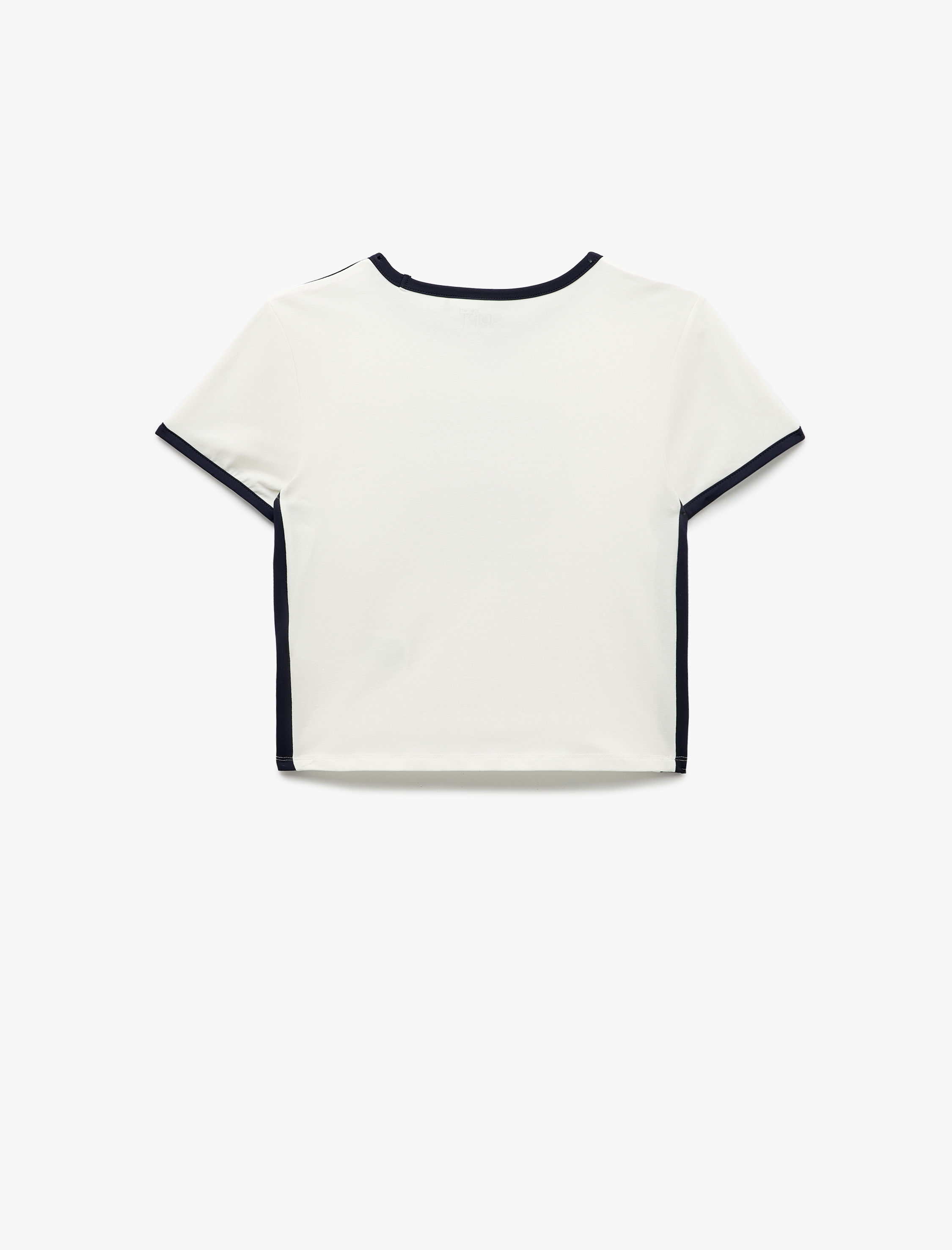   Bisiklet Yaka Baskılı Şerit Detaylı Crop Tişört