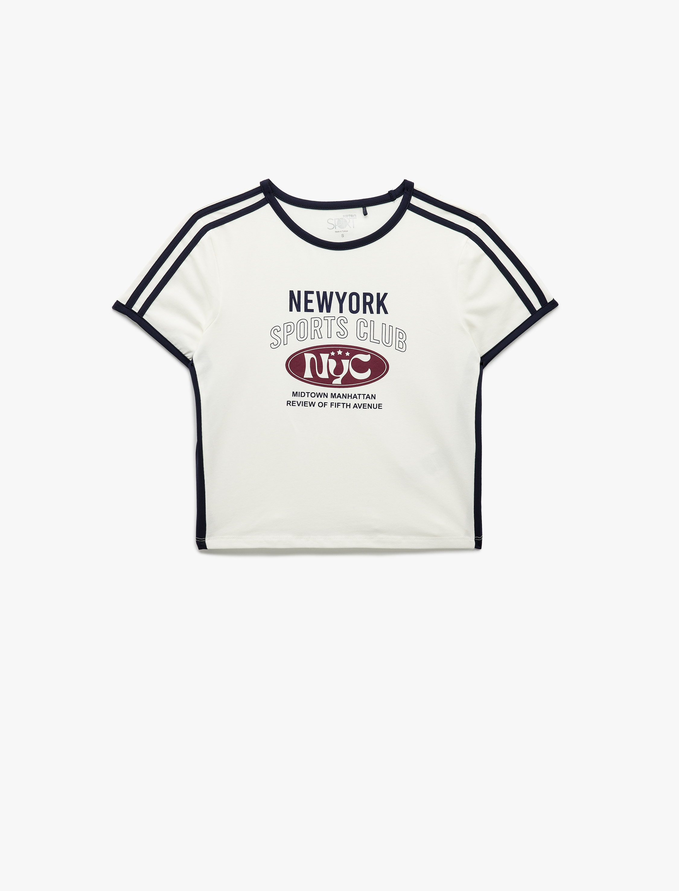   Bisiklet Yaka Baskılı Şerit Detaylı Crop Tişört