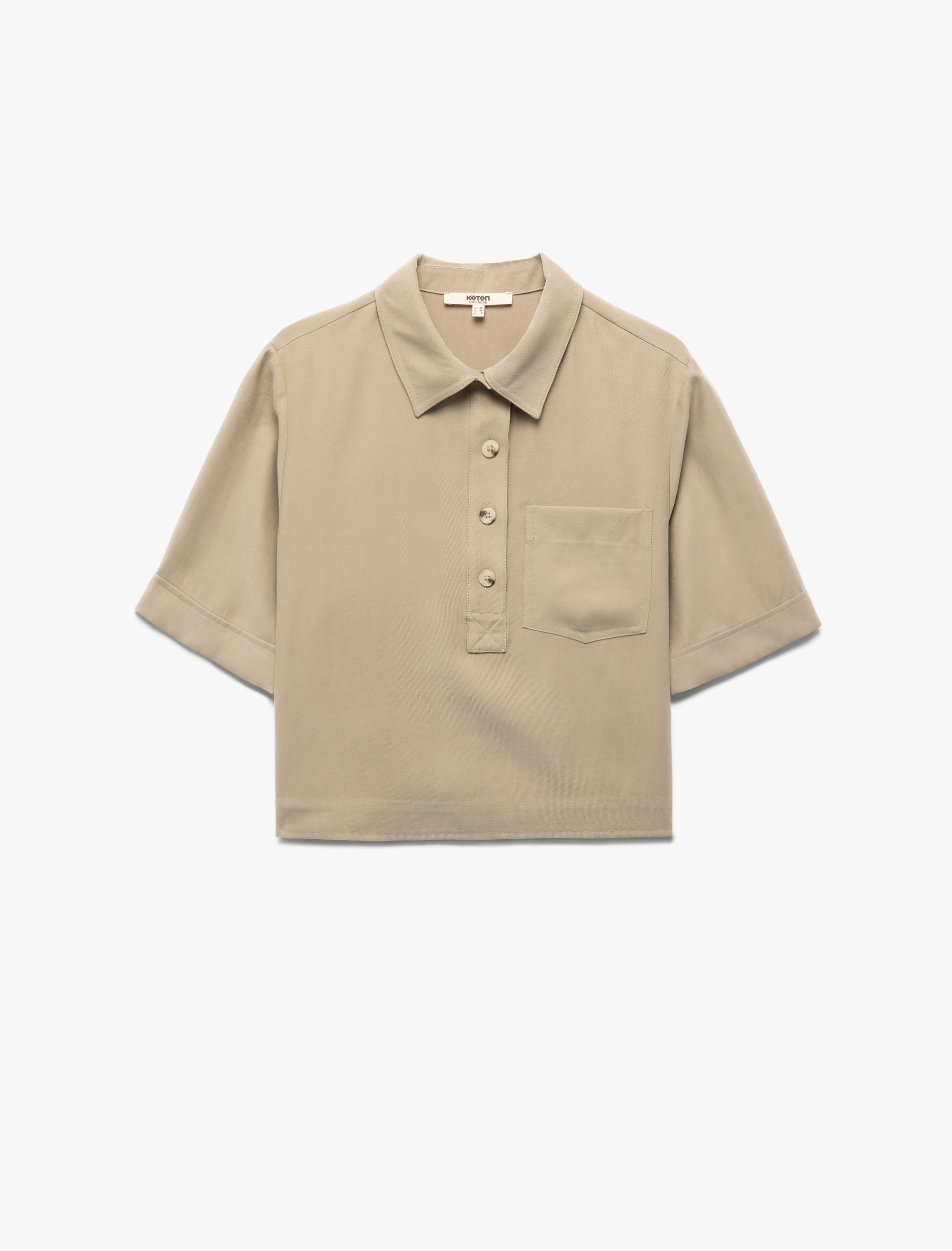   Viskon Cupro Kumaş Düğmeli Cep Detaylı Kısa Kollu Polo Yaka Crop Tişört